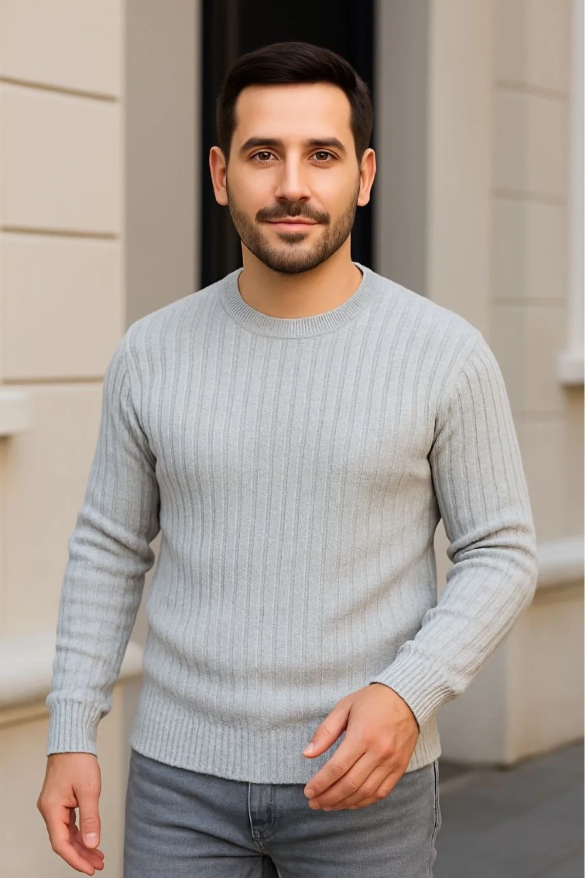 Erkek Bisiklet Yuvarlak Yaka Triko Kazak Pamuklu Kalın Fitilli Dokuma, Regular Fit Uzun Kollu Kışlık Model - Gri