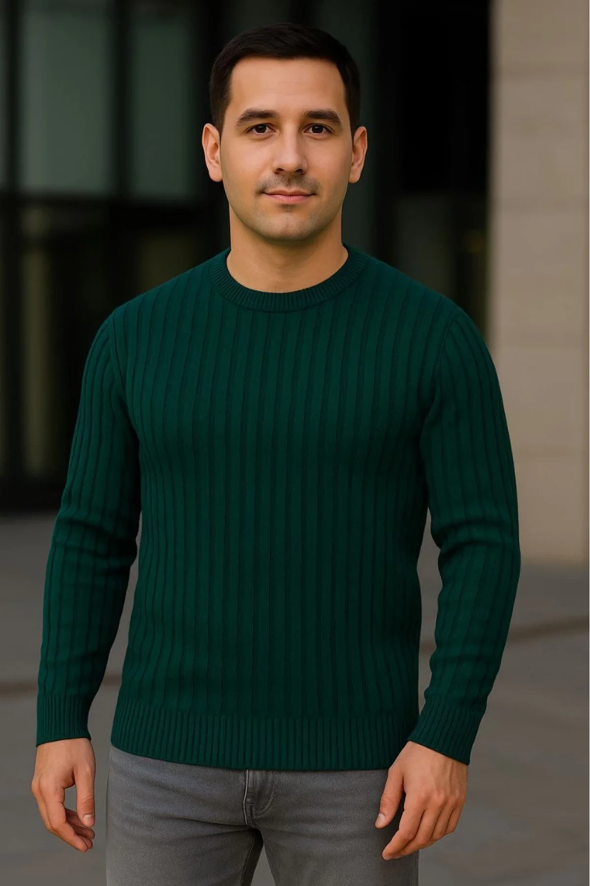 Erkek Bisiklet Yuvarlak Yaka Triko Kazak Pamuklu Kalın Fitilli Dokuma, Regular Fit Uzun Kollu Kışlık Model - Haki