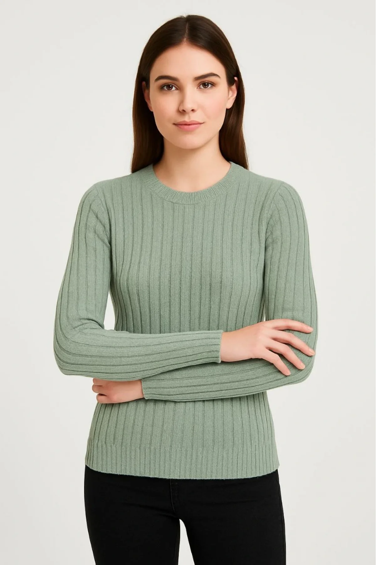 Erkek Bisiklet Yuvarlak Yaka Triko Kazak Pamuklu Kalın Fitilli Dokuma, Regular Fit Uzun Kollu Kışlık Model - Mint Yeşili