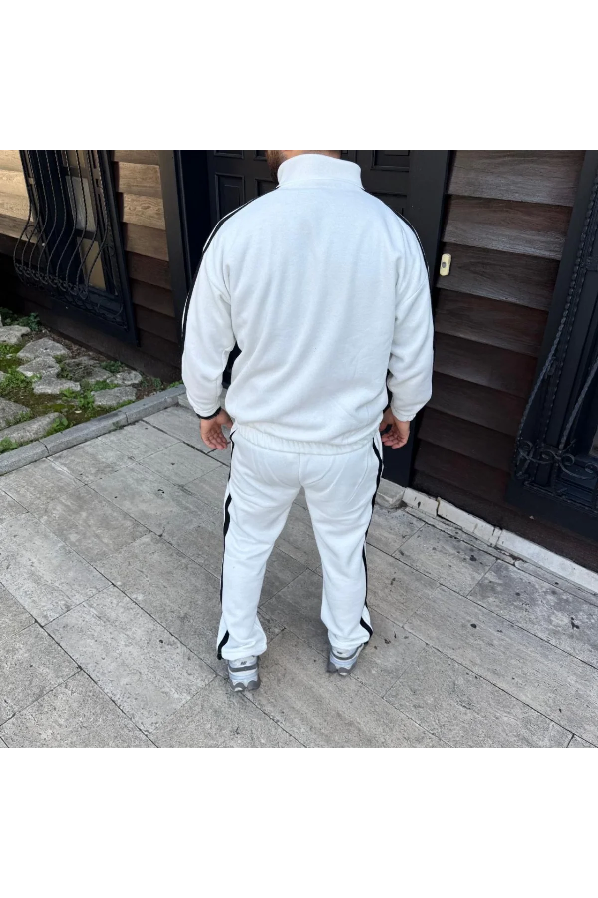 Erkek Çift Şeritli Eşofman Takım Dik Yaka Fermuarlı Sweatshirt Boru Paça Alt, Oversize 3 iplik Pamuklu - Beyaz