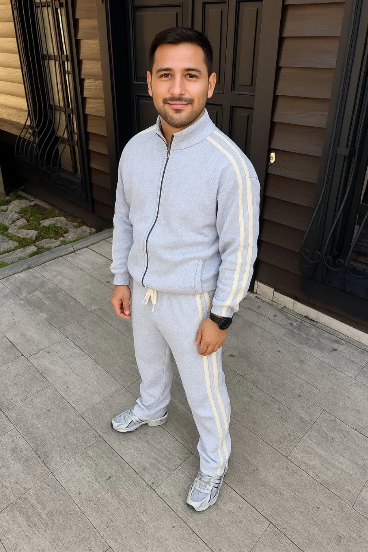 Erkek Çift Şeritli Eşofman Takım Dik Yaka Fermuarlı Sweatshirt Boru Paça Alt, Oversize 3 iplik Pamuklu - Gri