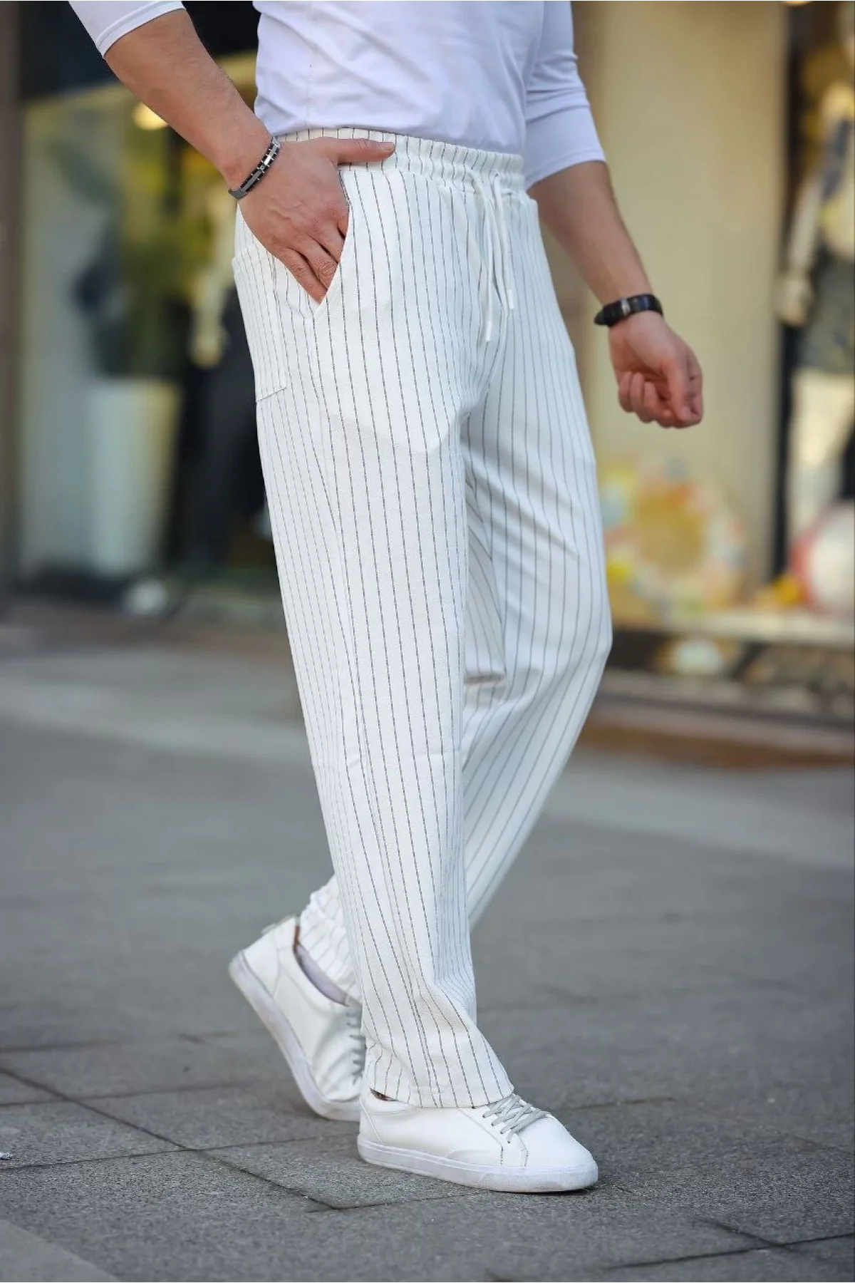 Erkek Cizgili Dokuma Krep Jogger Buggy Pantalon Rahat kalıp - Beyaz