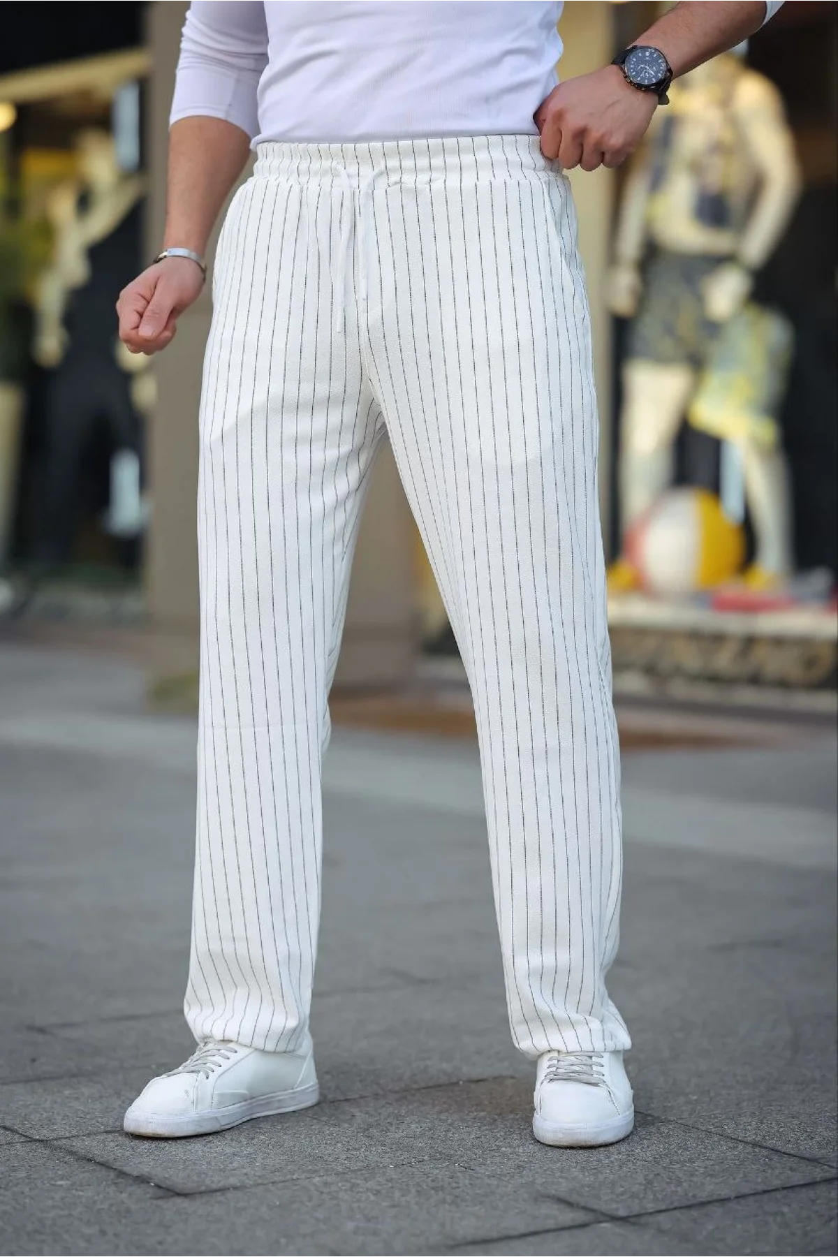 Erkek Cizgili Dokuma Krep Jogger Buggy Pantalon Rahat kalıp - Beyaz