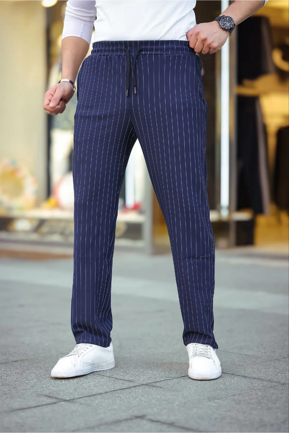 Erkek Cizgili Dokuma Krep Jogger Buggy Pantalon Rahat kalıp - Lacivert