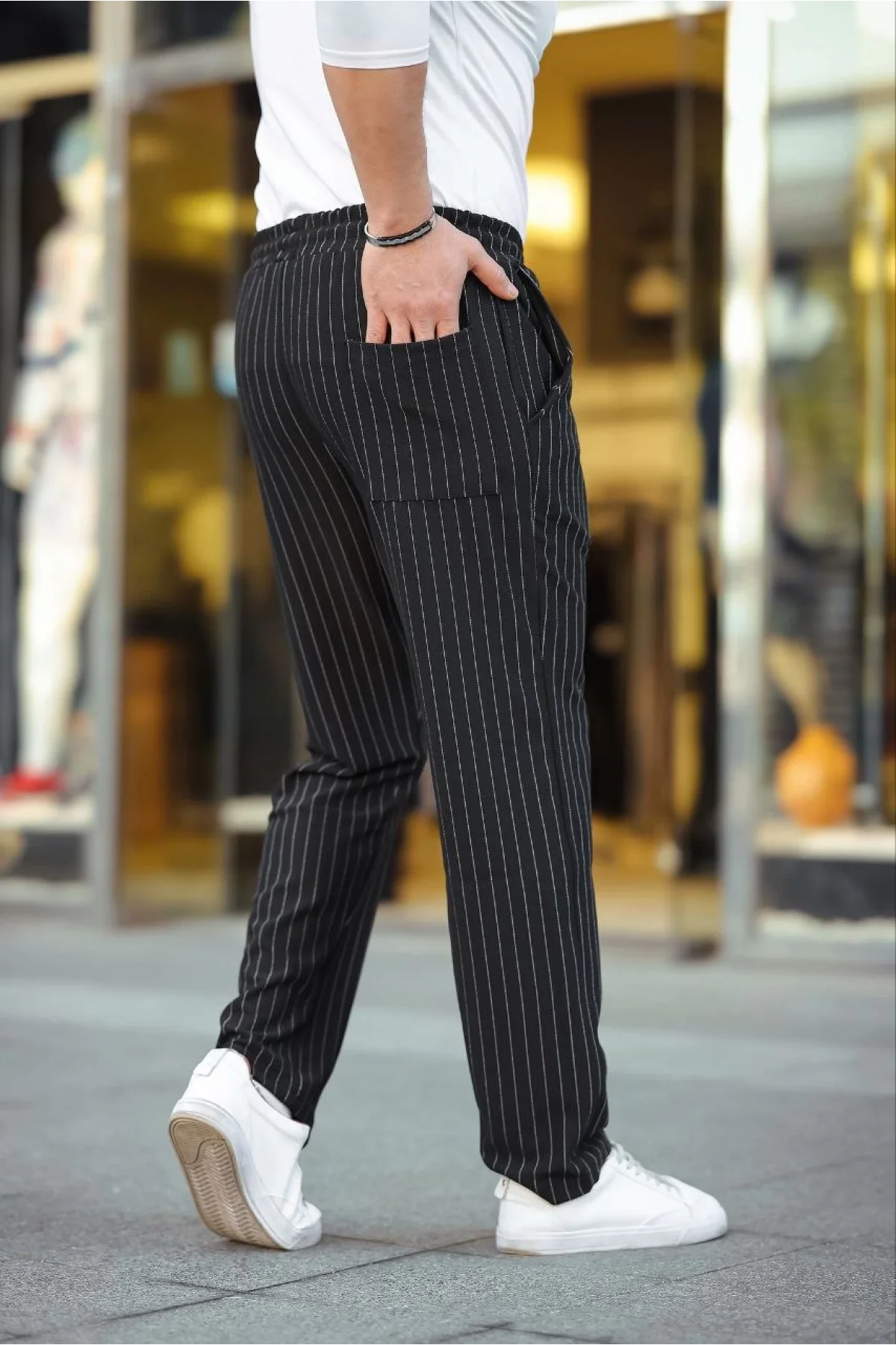 Erkek Cizgili Dokuma Krep Jogger Buggy Pantalon Rahat kalıp - Siyah