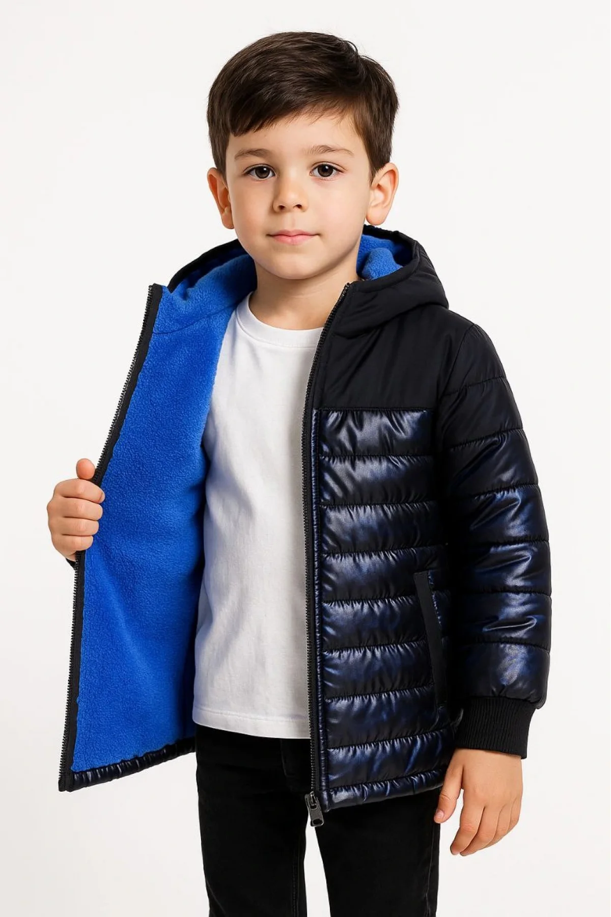 Erkek Çocuk Kamuflaj Desenli Mont İçi Sıcak Tutan Pelüş Astarlı, Kapüşonlu, Fermuarlı Kışlık Su İtici Şişme Mont - Lacivert