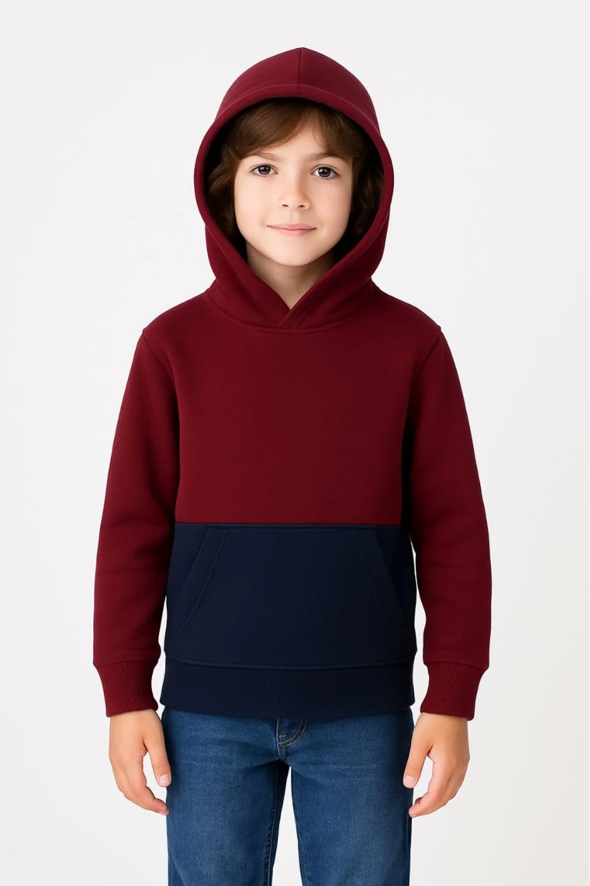 Erkek Çocuk Kapüşonlu Kanguru Cepli Parçalı SweatShirt - Renkli