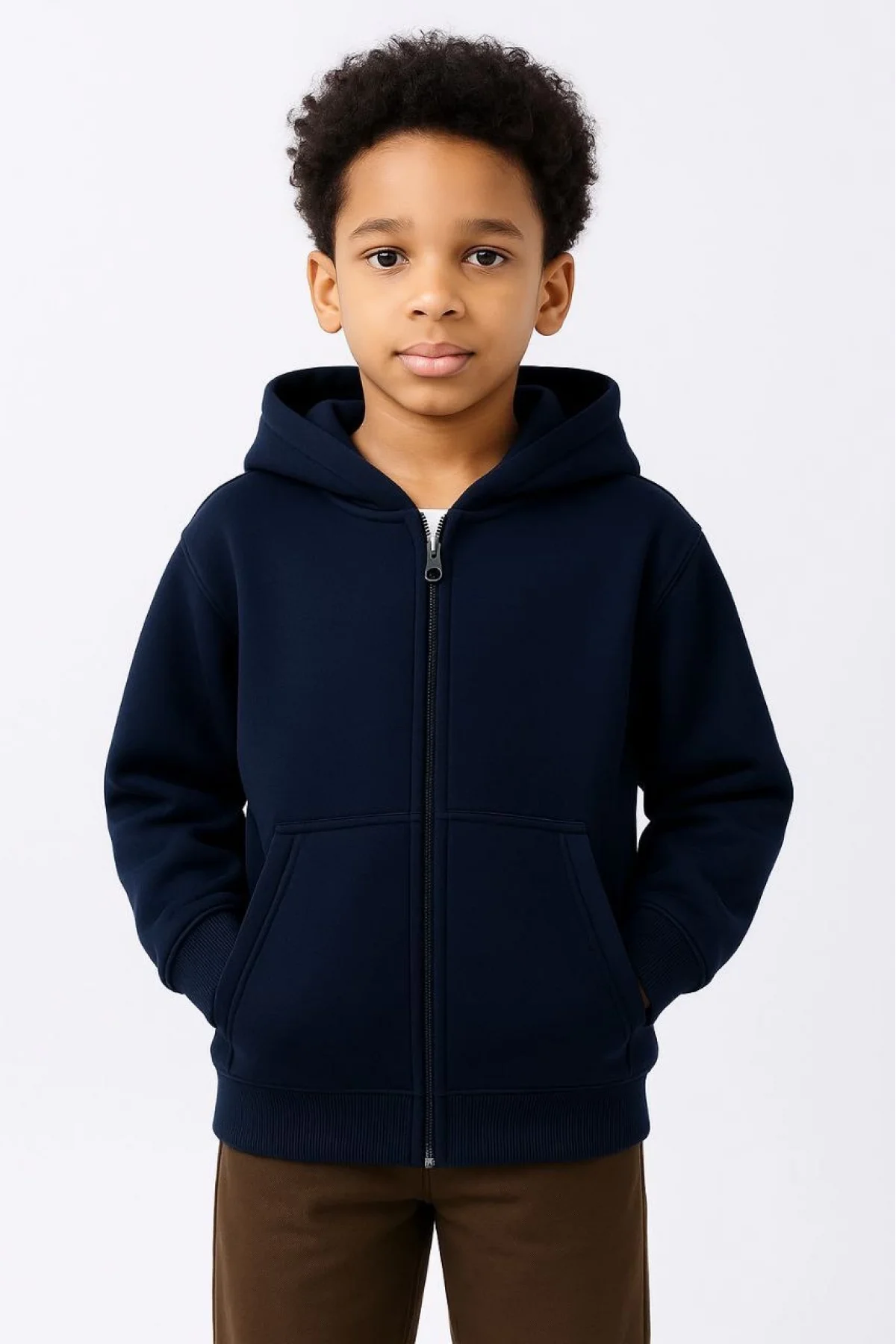 Erkek Çocuk Kapüşonlu Kanguru Çepli Tam Fermuarlı Hırka SweatShirt - Lacivert