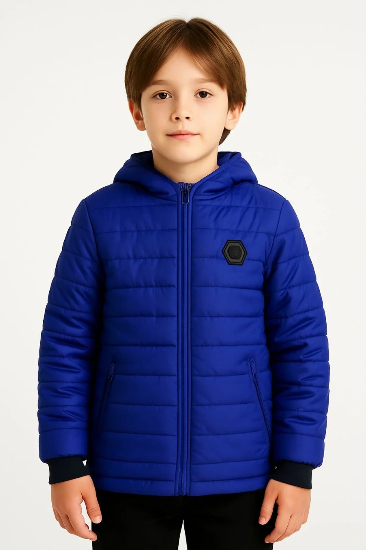 Erkek Çocuk Mont İçi Pelüş kürk Astarlı, Kapüşonlu Fermuarlı Kışlık Şişme Sıcak Tutucu Mont - Saks Mavisi