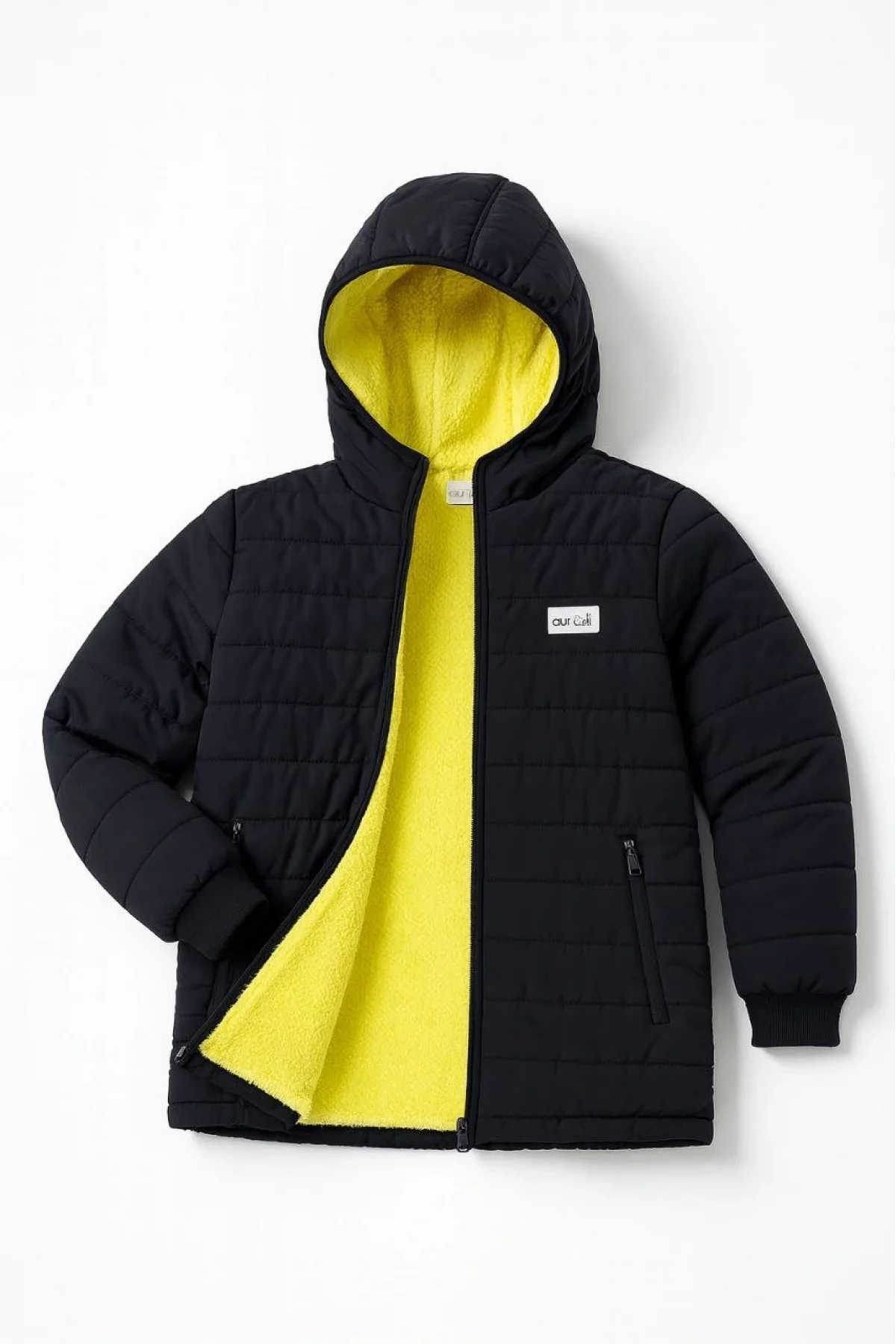 Erkek Çocuk Mont İçi Pelüş kürk Astarlı, Kapüşonlu Fermuarlı Kışlık Şişme Sıcak Tutucu Mont - Siyah