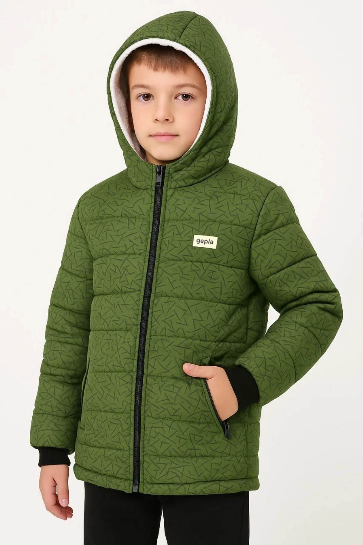 Erkek Çocuk Yeşil Desenli Mont  İçi Sıcak Tutucu Pelüş Astarlı, Kapüşonlu Fermuarlı Su İtici  Kışlık Şişme Mont- Haki