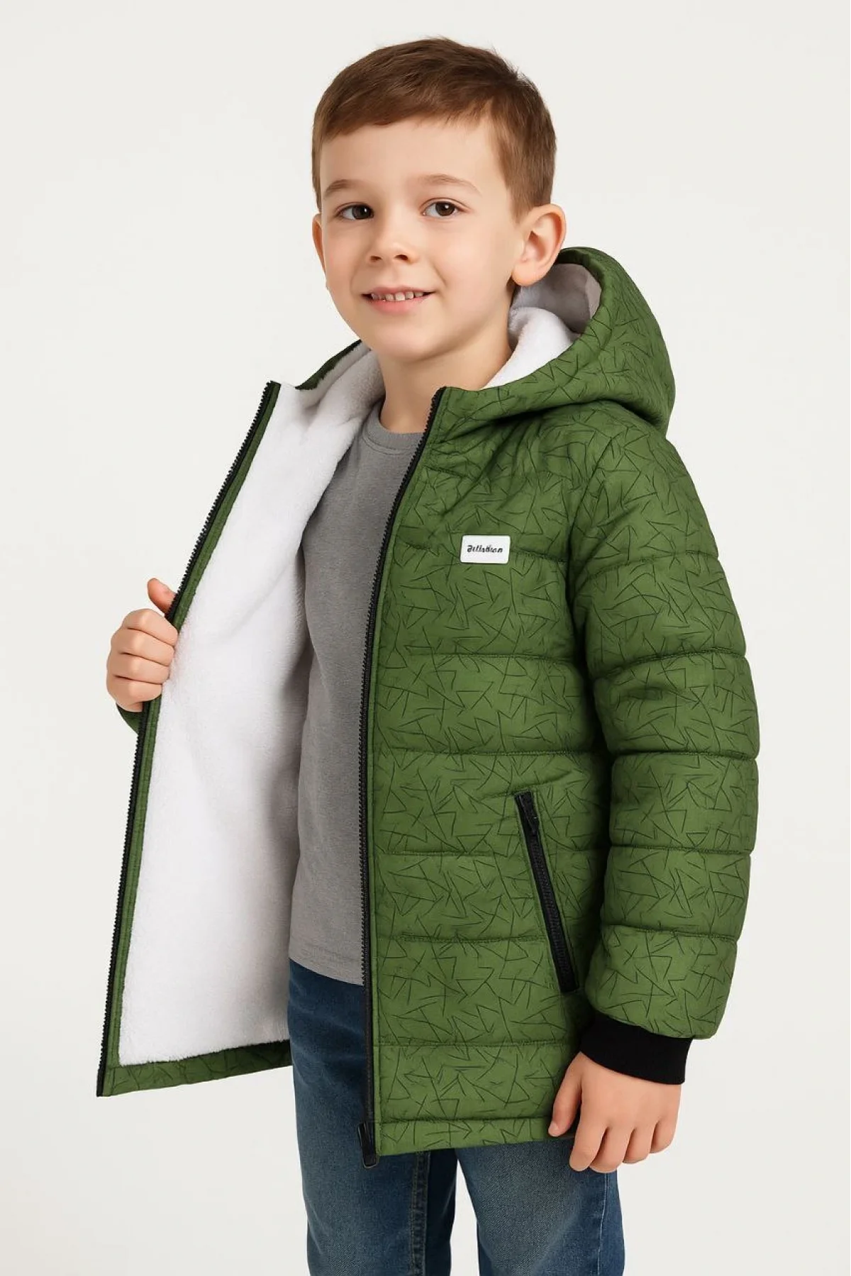 Erkek Çocuk Yeşil Desenli Mont  İçi Sıcak Tutucu Pelüş Astarlı, Kapüşonlu Fermuarlı Su İtici  Kışlık Şişme Mont- Haki