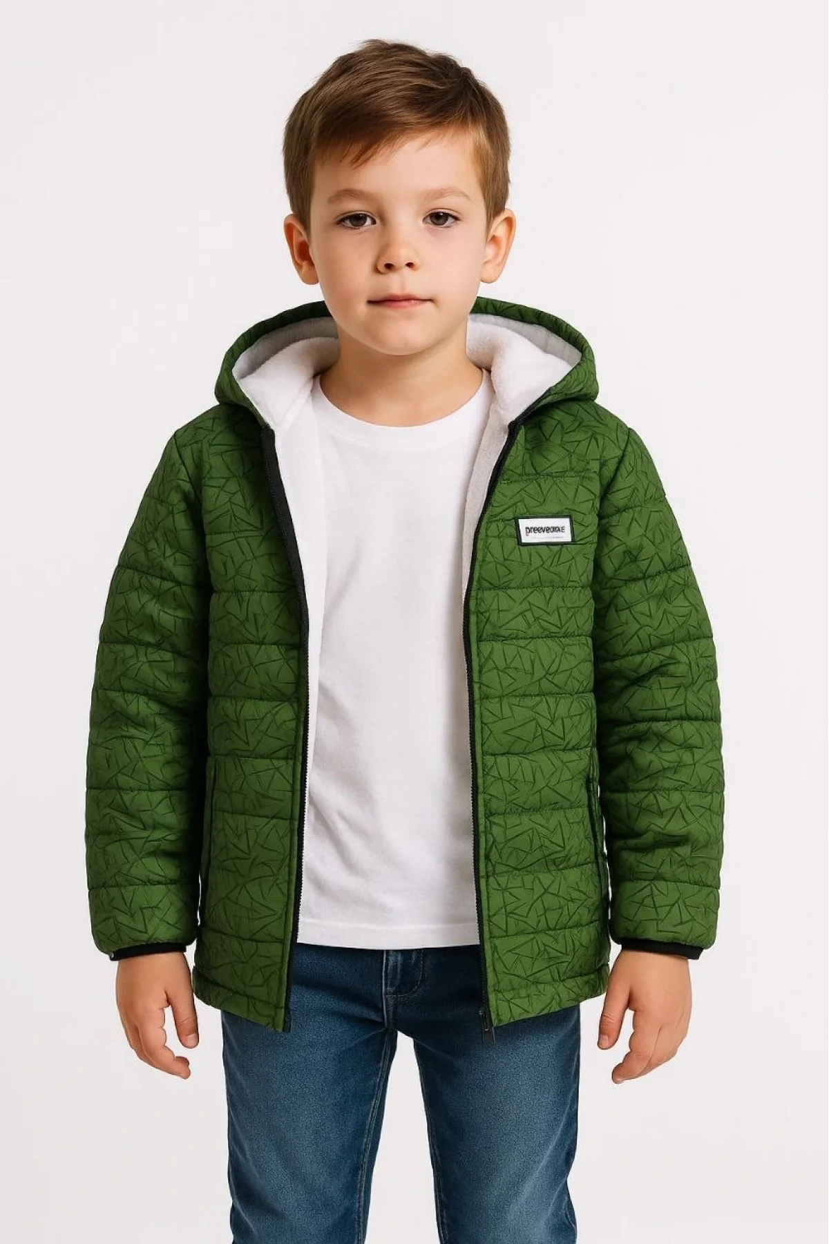 Erkek Çocuk Yeşil Desenli Mont  İçi Sıcak Tutucu Pelüş Astarlı, Kapüşonlu Fermuarlı Su İtici  Kışlık Şişme Mont- Haki
