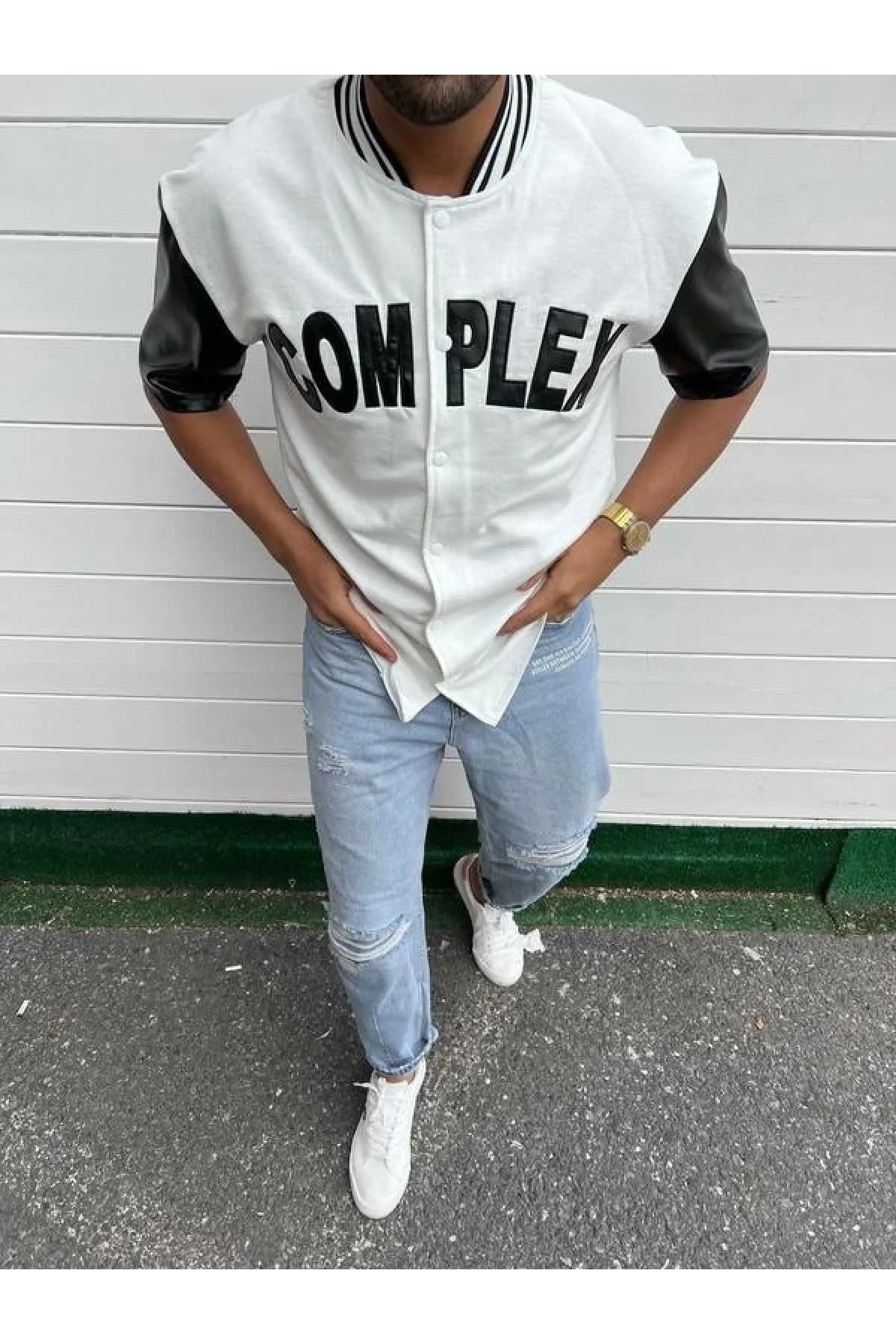 Erkek Complex Kolları Deri Kolej Oversize T-Shirt - Beyaz