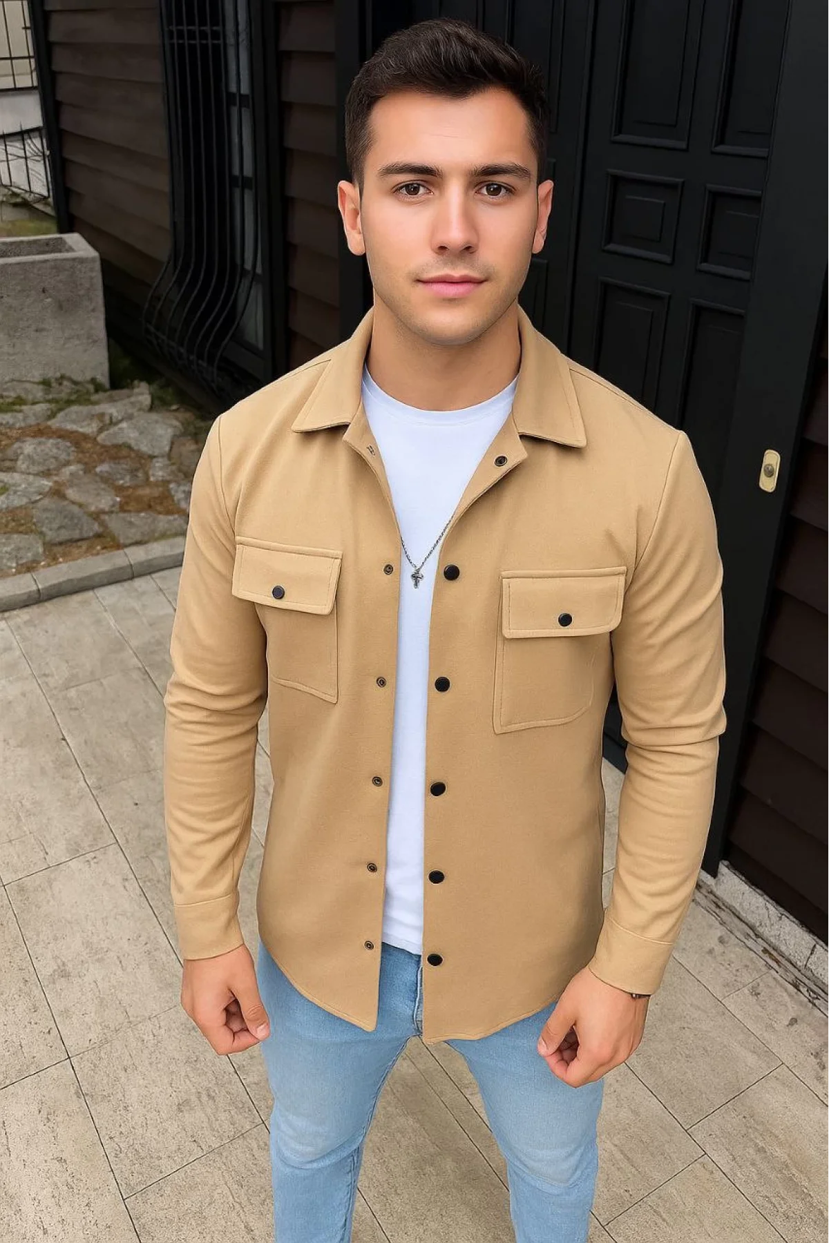 Erkek Diagonal Kumaş Cepli Çıtçıtlı uzun Kollu, Gömlek Oversize Rahat Kalıp Günlük Şık Stil - Bej