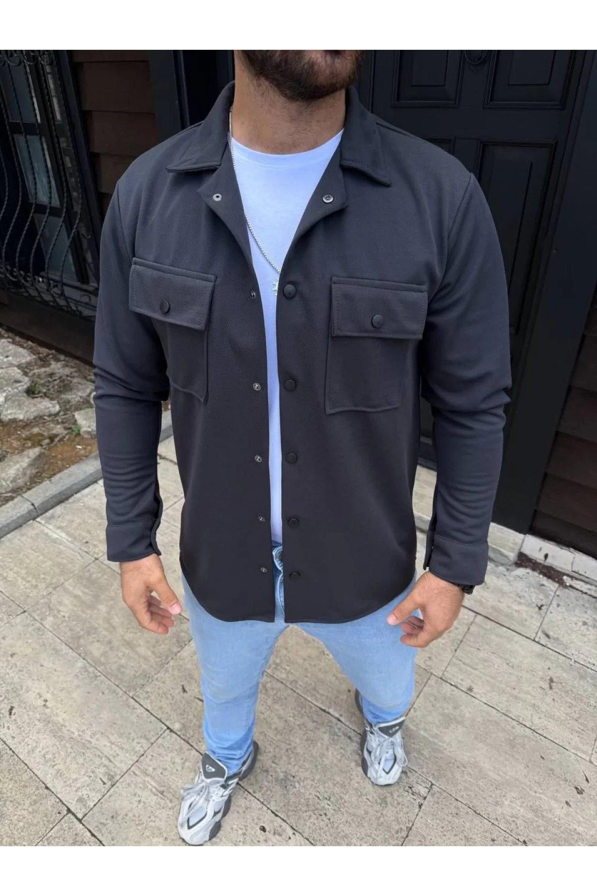 Erkek Diagonal Kumaş Cepli Çıtçıtlı uzun Kollu, Gömlek Oversize Rahat Kalıp Günlük Şık Stil - Füme