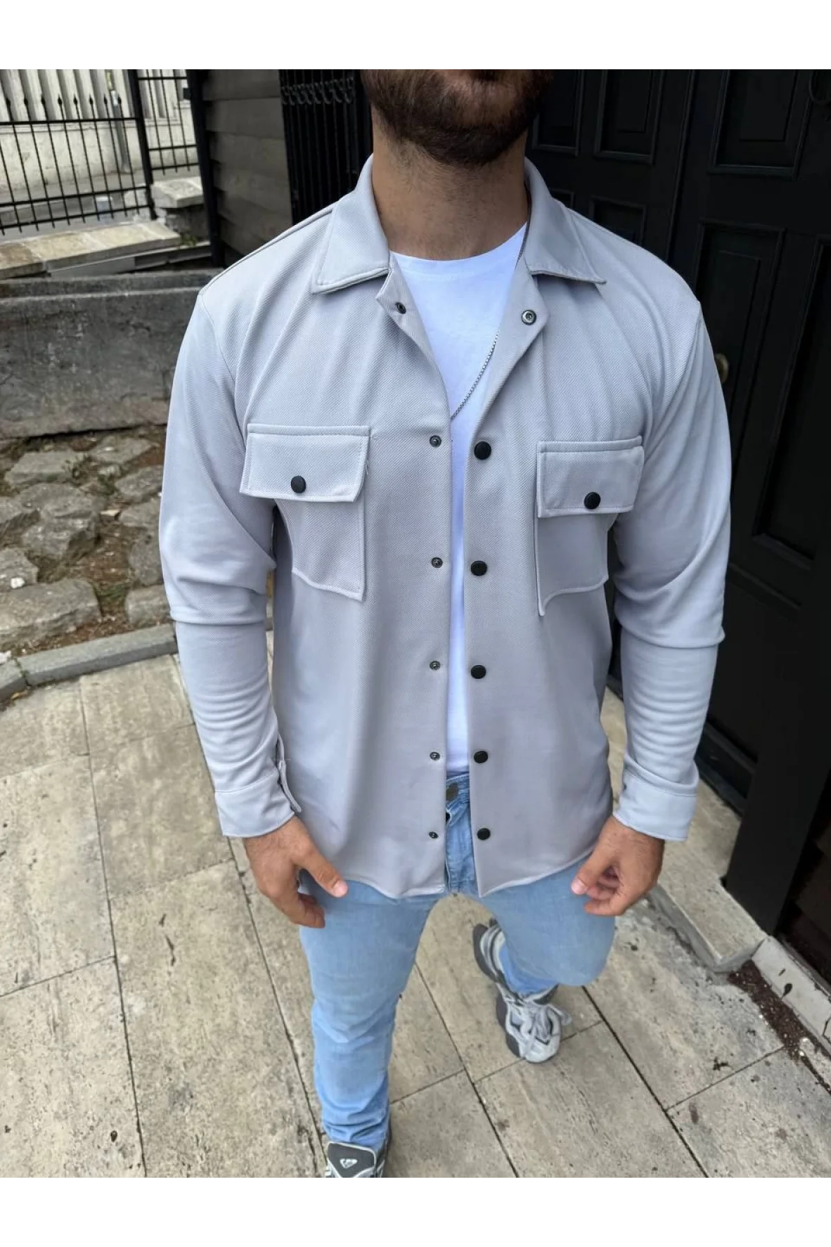 Erkek Diagonal Kumaş Cepli Çıtçıtlı uzun Kollu, Gömlek Oversize Rahat Kalıp Günlük Şık Stil - Gri