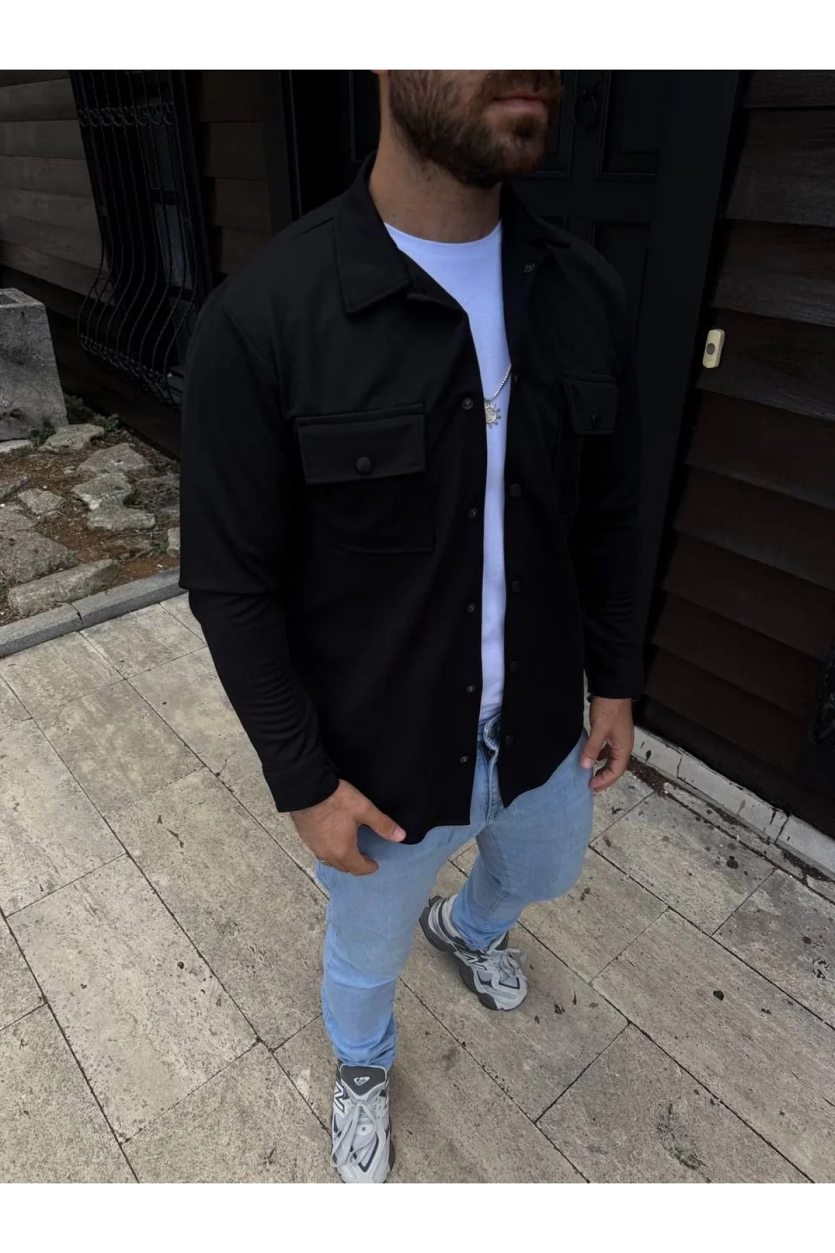 Erkek Diagonal Kumaş Cepli Çıtçıtlı uzun Kollu, Gömlek Oversize Rahat Kalıp Günlük Şık Stil - Siyah