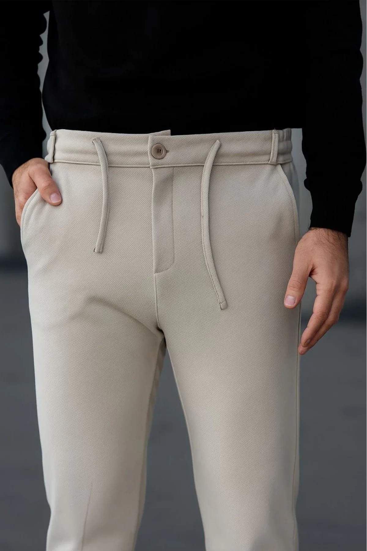 Erkek Diagonel Mikro dokulu Cepli Pantolon - Bej