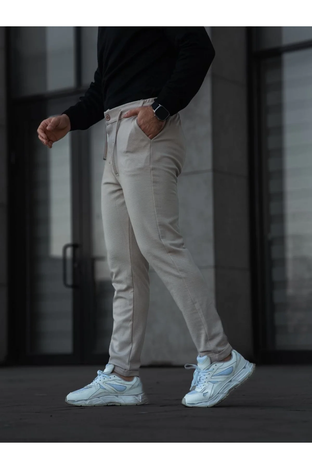 Erkek Diagonel Mikro dokulu Cepli Pantolon - Bej