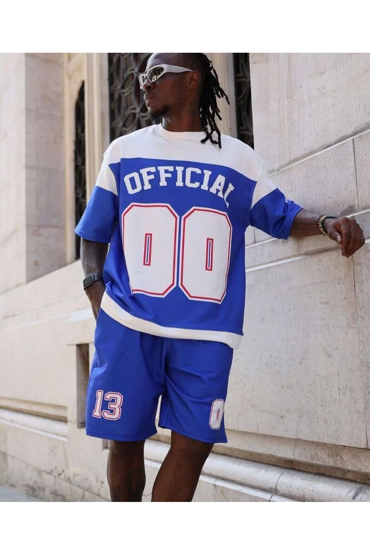 Erkek Şortlu Takım – Oversize İki İplik Kumaş, Ön & Arka Dijital Baskılı Tişört ve Lastikli Cepli Şort, Yazlık Günlük Spor Set - Mavi