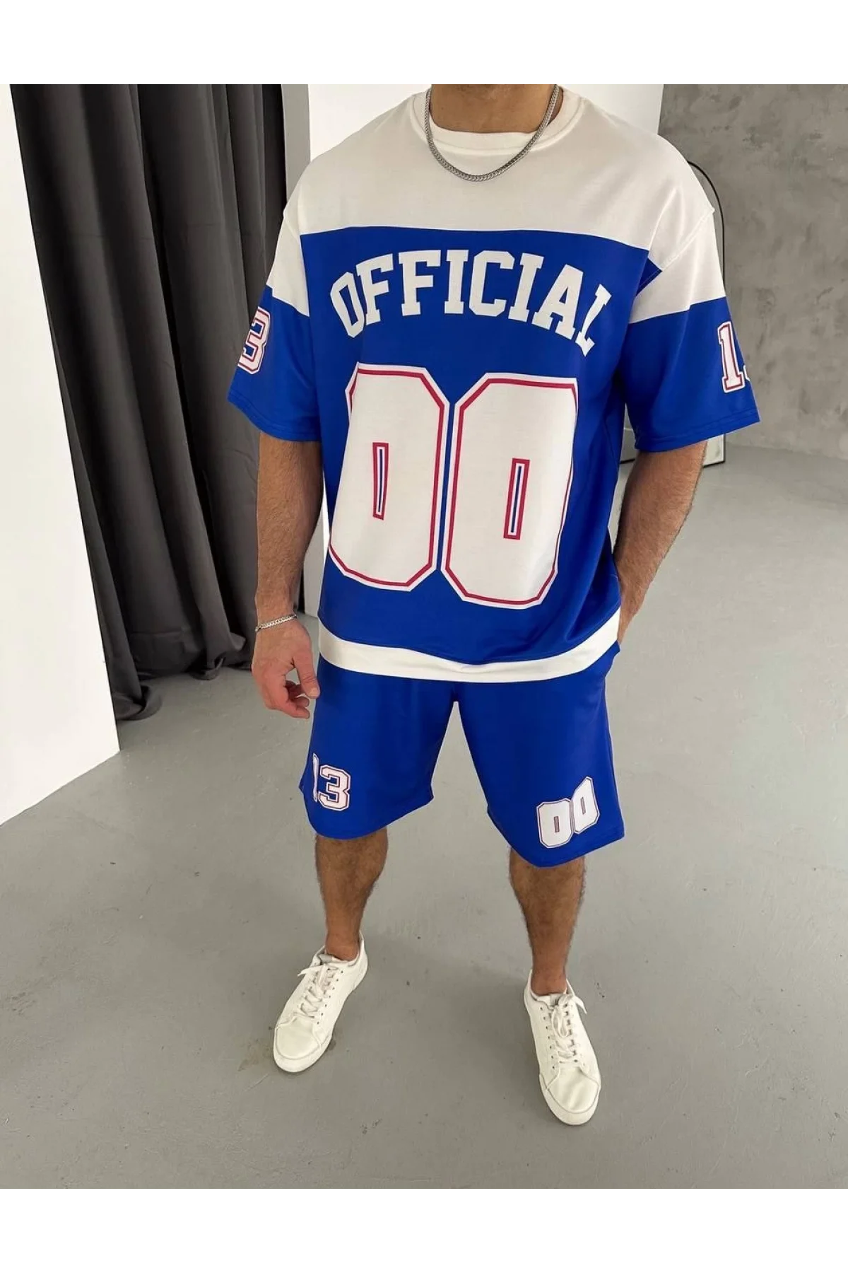 Erkek Şortlu Takım – Oversize İki İplik Kumaş, Ön & Arka Dijital Baskılı Tişört ve Lastikli Cepli Şort, Yazlık Günlük Spor Set - Mavi