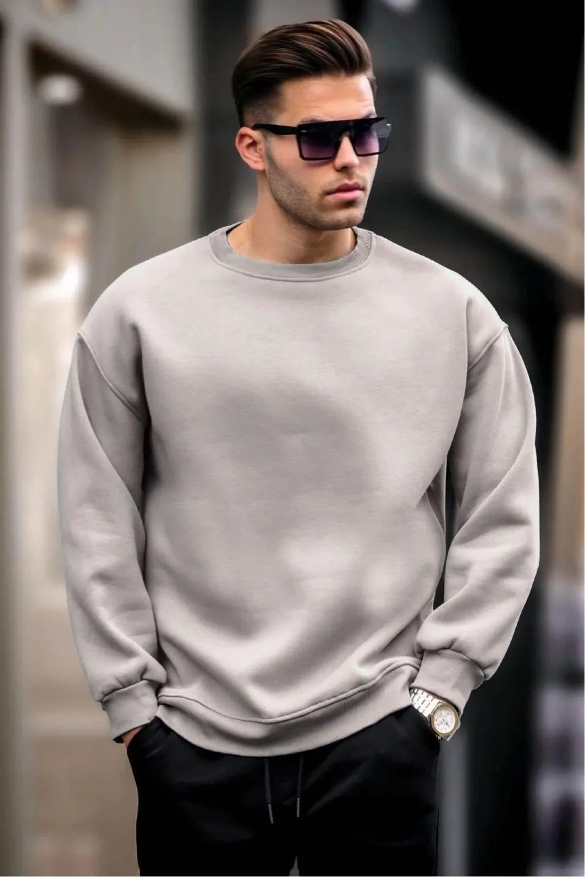 Erkek Düz Bisiklet Yaka 3 iplik Sweatshirt - Boyalı Gri