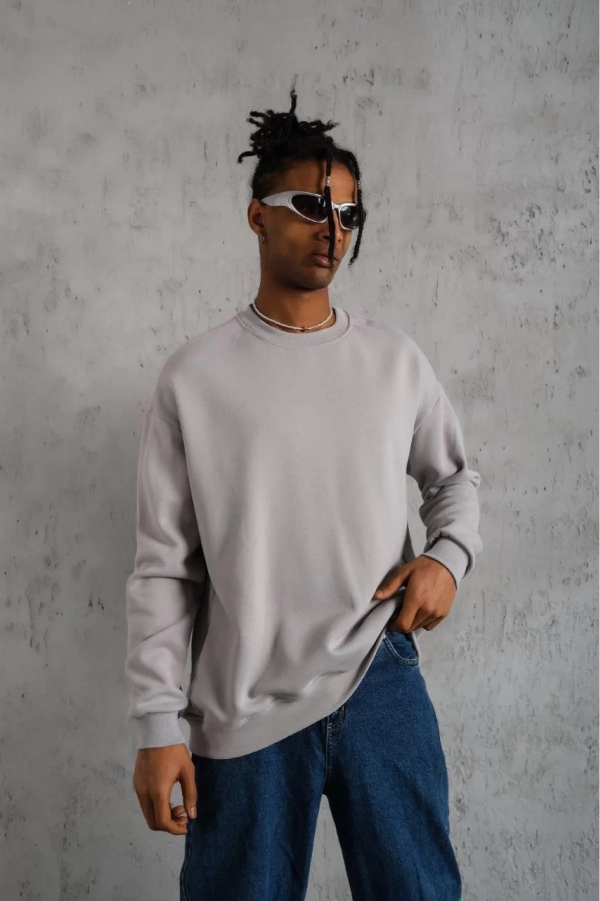 Erkek Düz Bisiklet Yaka 3 iplik Sweatshirt - Boyalı Gri