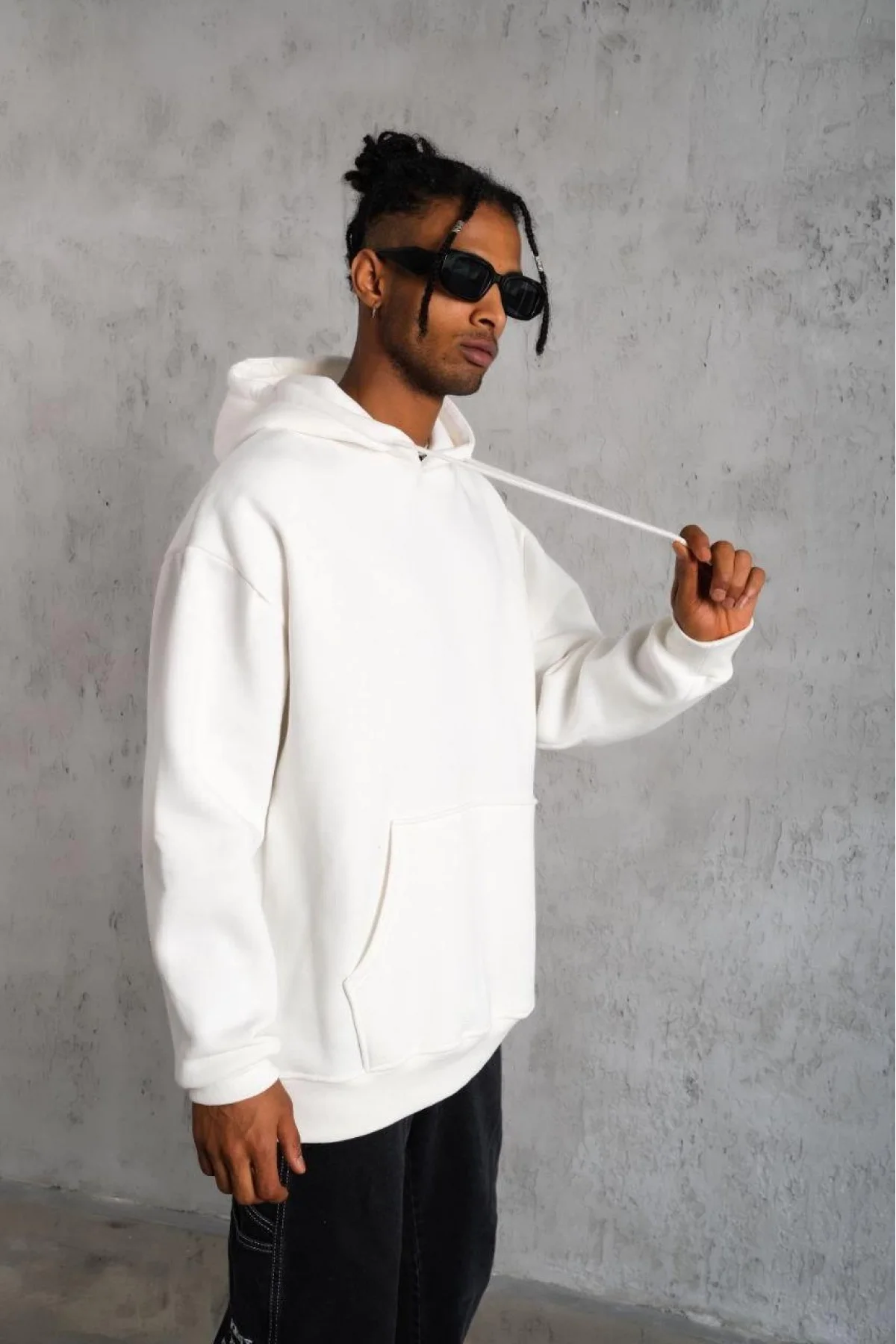 Erkek Düz Kapüşonlu Sweat - Beyaz