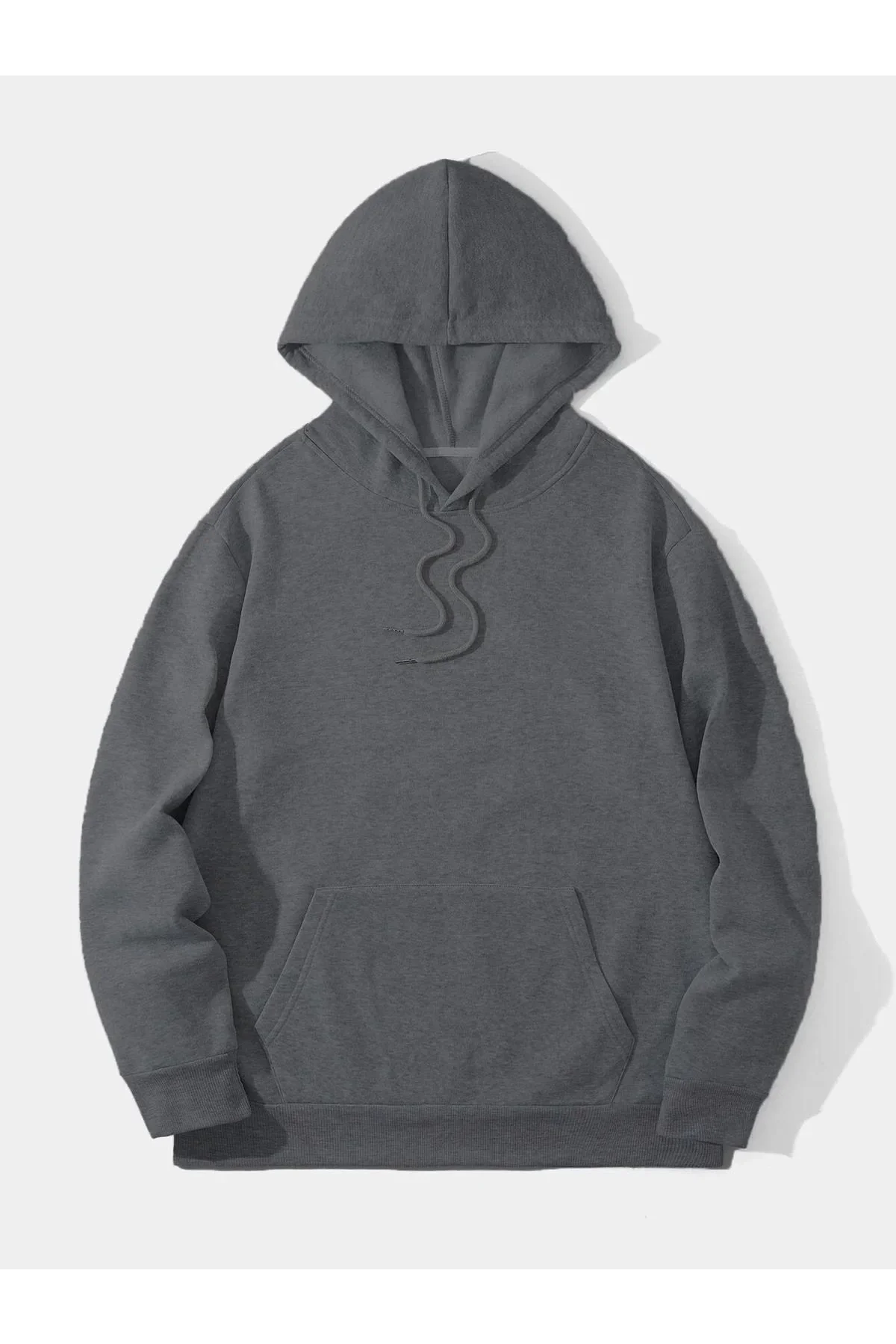 Erkek Düz Kapüşonlu Sweat - Füme