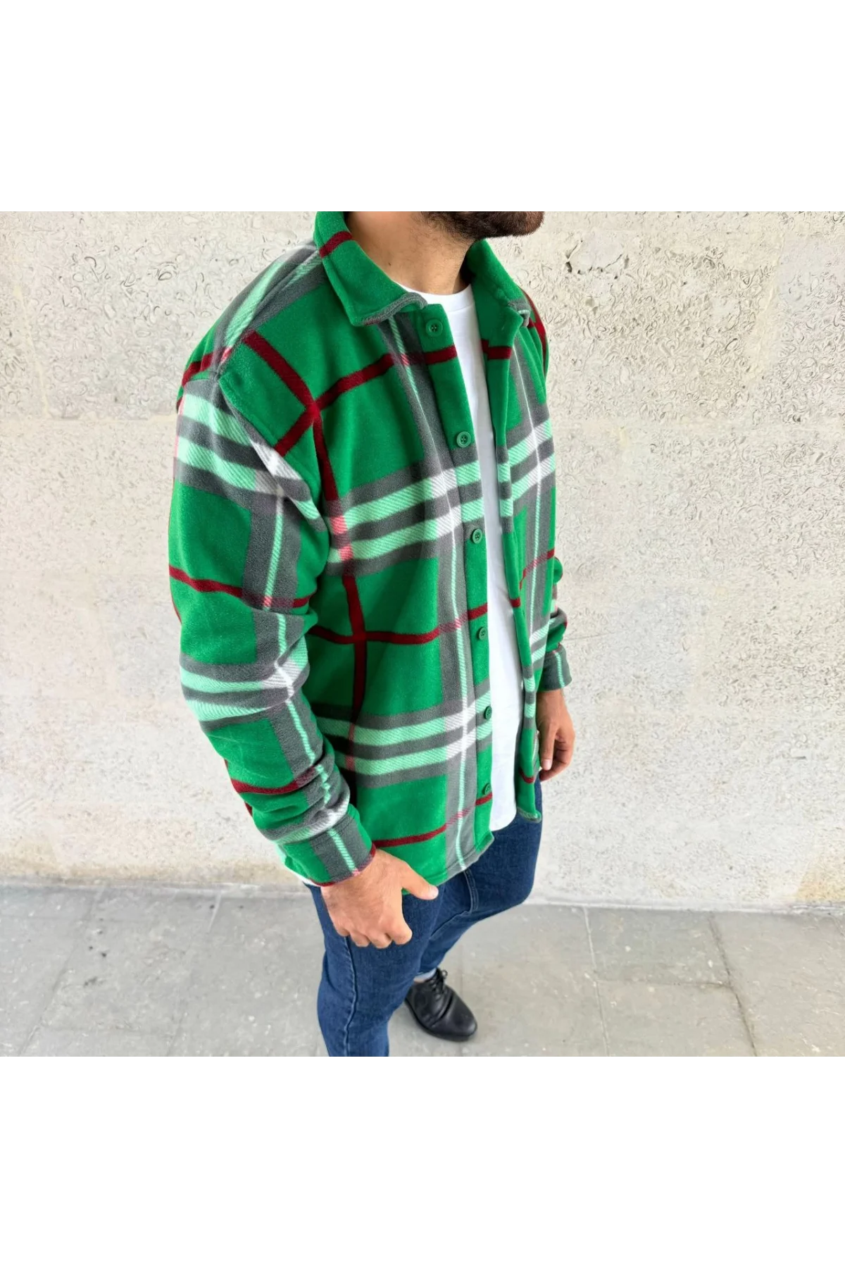 Erkek Ekose Desenli Düğmeli Polar Yakalı Uzun Kollu Gömlek Oversize Rahat Kalıp - Yeşil