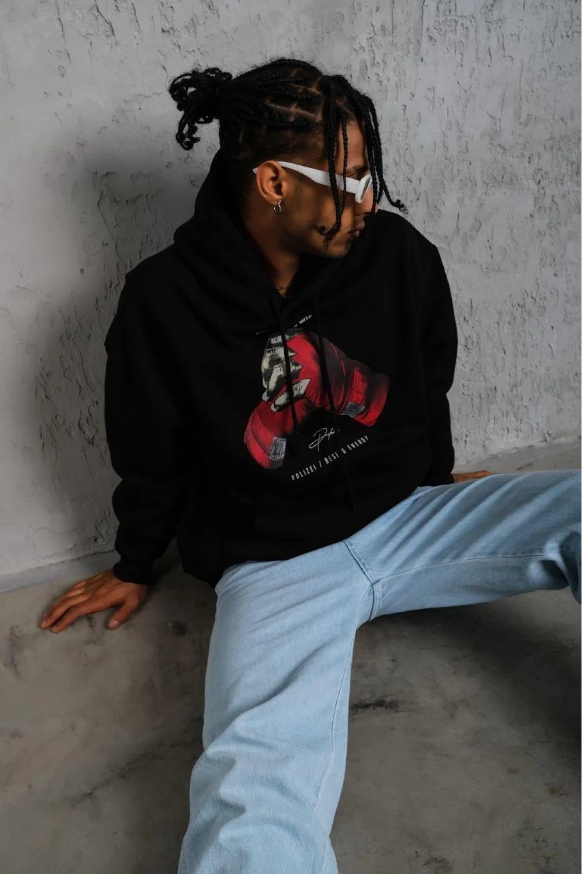 Erkek Eldiven Baskılı Kapüşonlu Sweat - Siyah