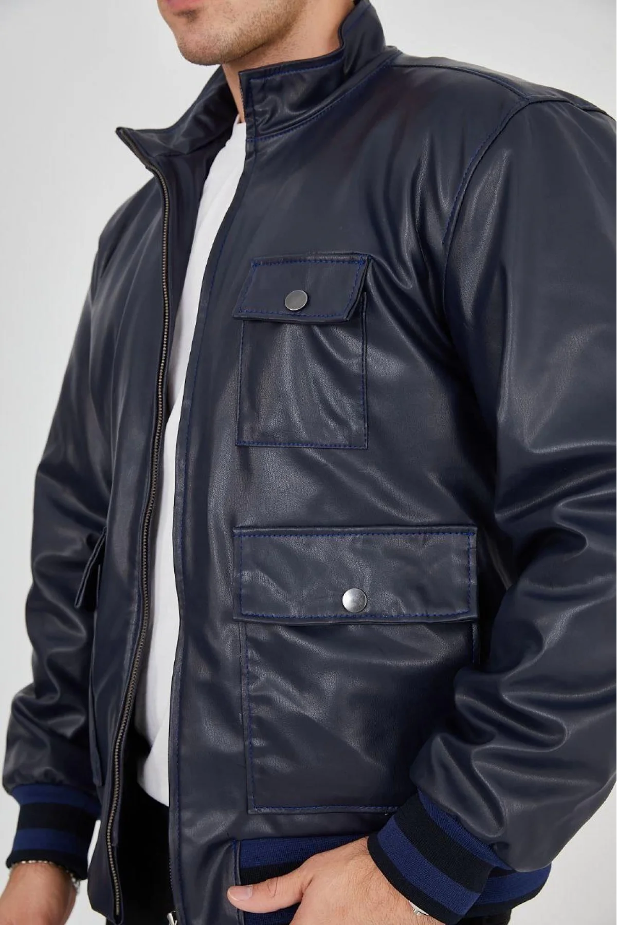 Erkek Fermuarlı İçten Elyaf ve Astarlı Suni Deri Ceket - Lacivert