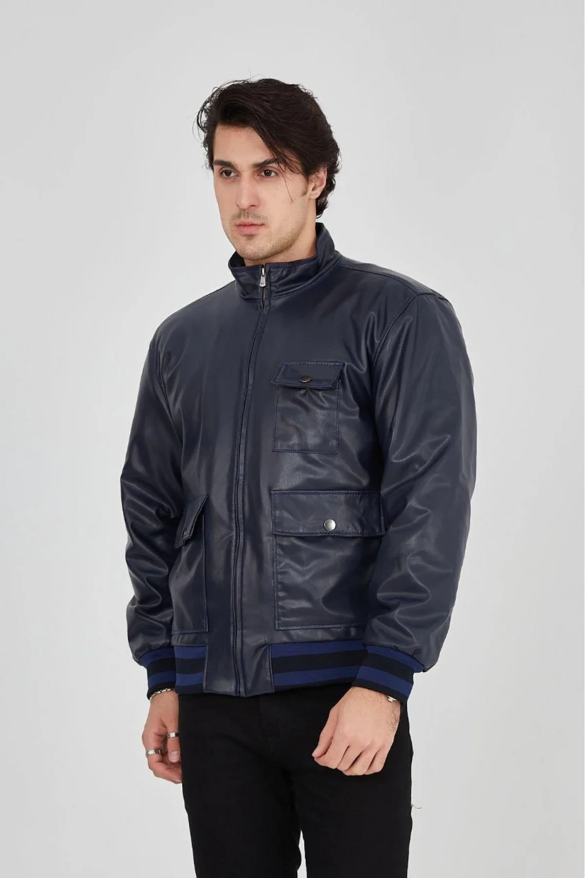 Erkek Fermuarlı İçten Elyaf ve Astarlı Suni Deri Ceket - Lacivert