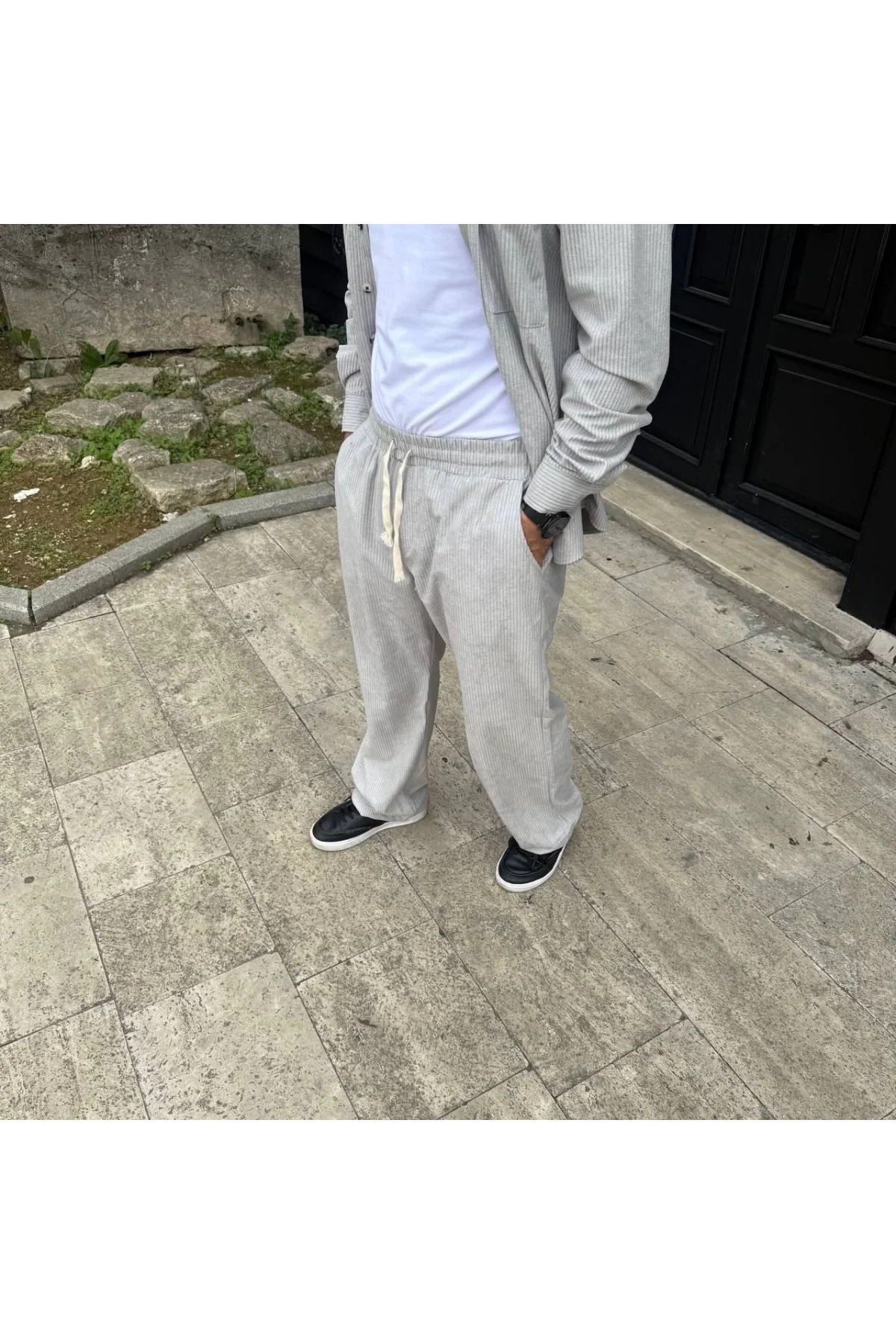 Erkek Fitilli Kadife Cepli Buggy Pantolon Oversize Rahat Kalıp - Gri