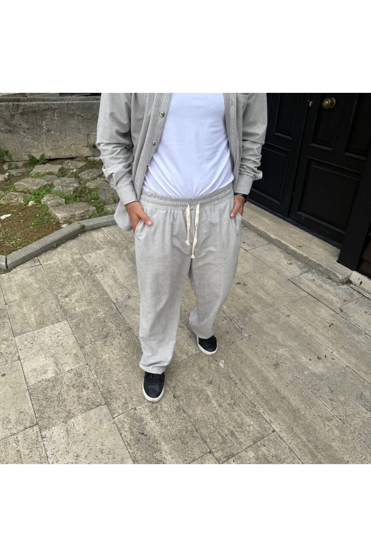 Erkek Fitilli Kadife Cepli Buggy Pantolon Oversize Rahat Kalıp - Gri