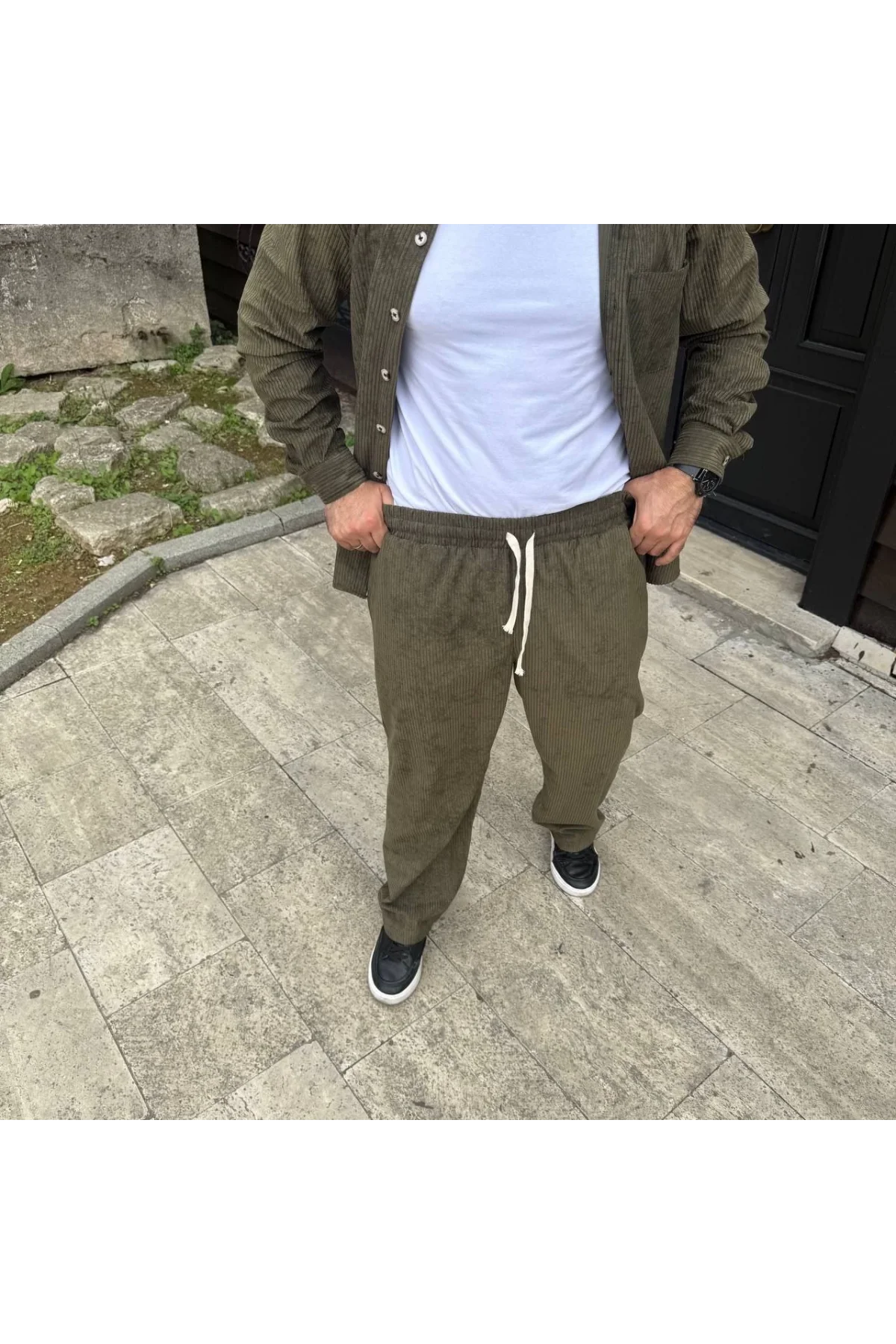 Erkek Fitilli Kadife Cepli Buggy Pantolon Oversize Rahat Kalıp - Haki