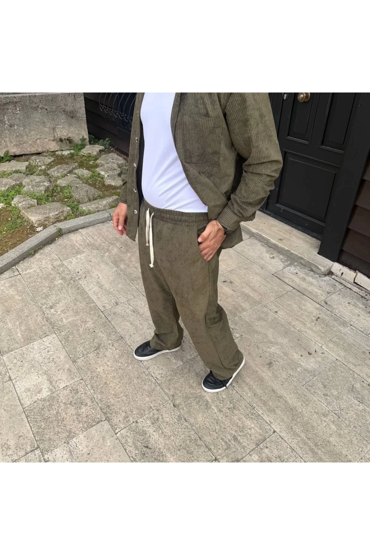 Erkek Fitilli Kadife Cepli Buggy Pantolon Oversize Rahat Kalıp - Haki