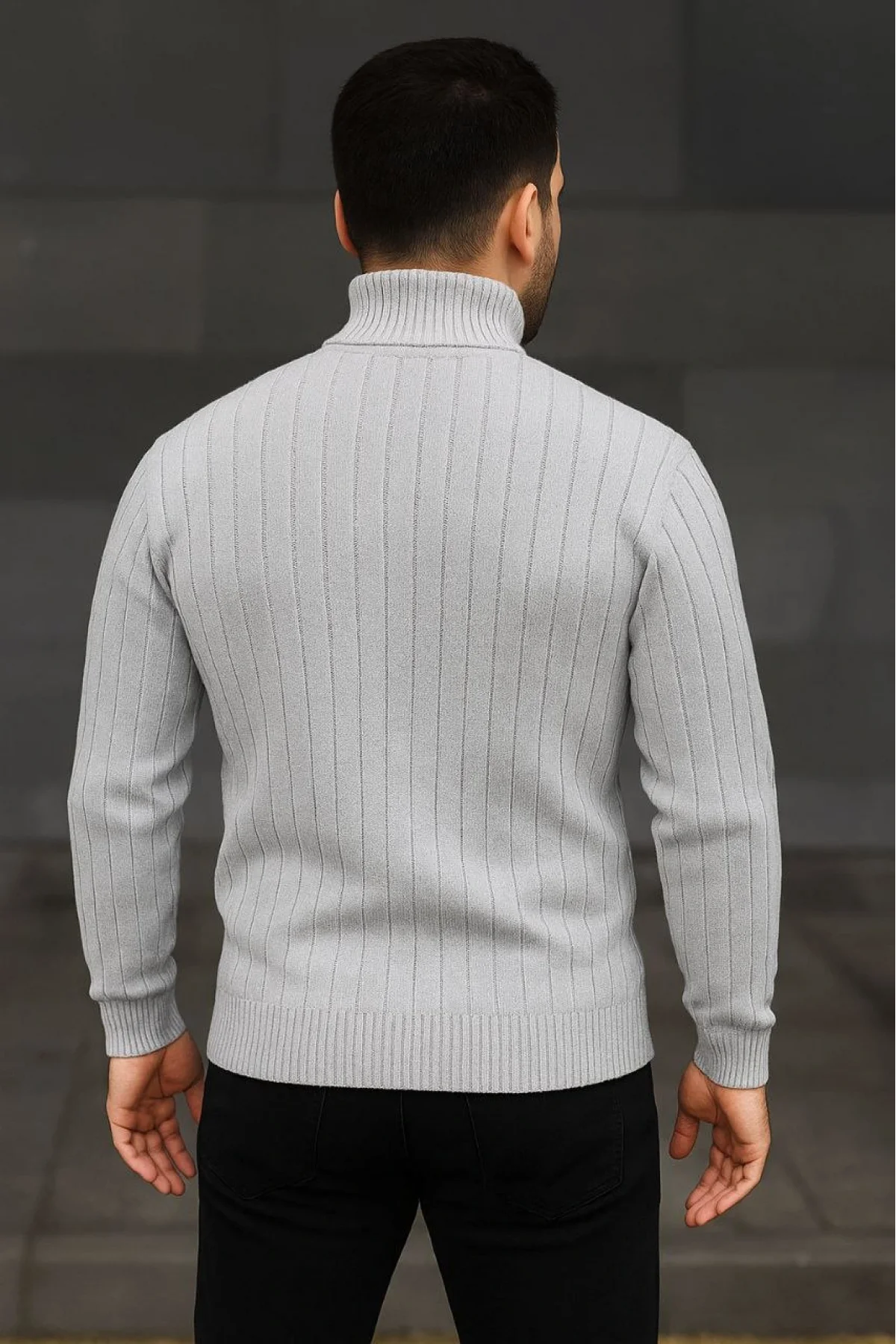 Erkek Fitilli Triko Kazak 2li Set Gri Siyah Regular Balıkcı Yaka Tam Boğazlı Triko Seti Modeli Kazak