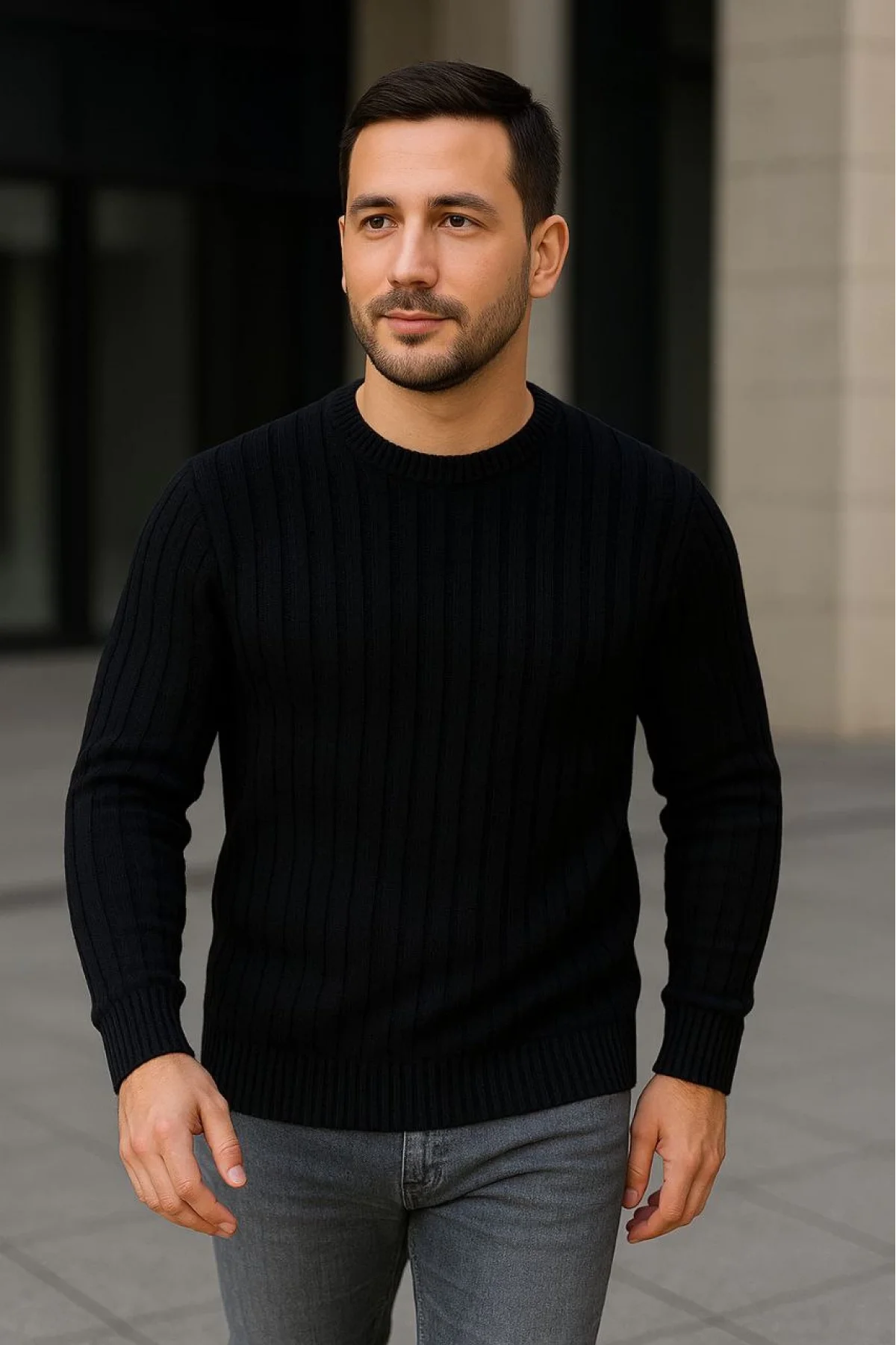 Erkek Fitilli Triko Kazak 2’li Set – Siyah & Bordo, Kalın Dokuma Pamuklu Regular Fit Bisiklet Yaka Uzun Kollu Rahat Kışlık Kazak Kombini