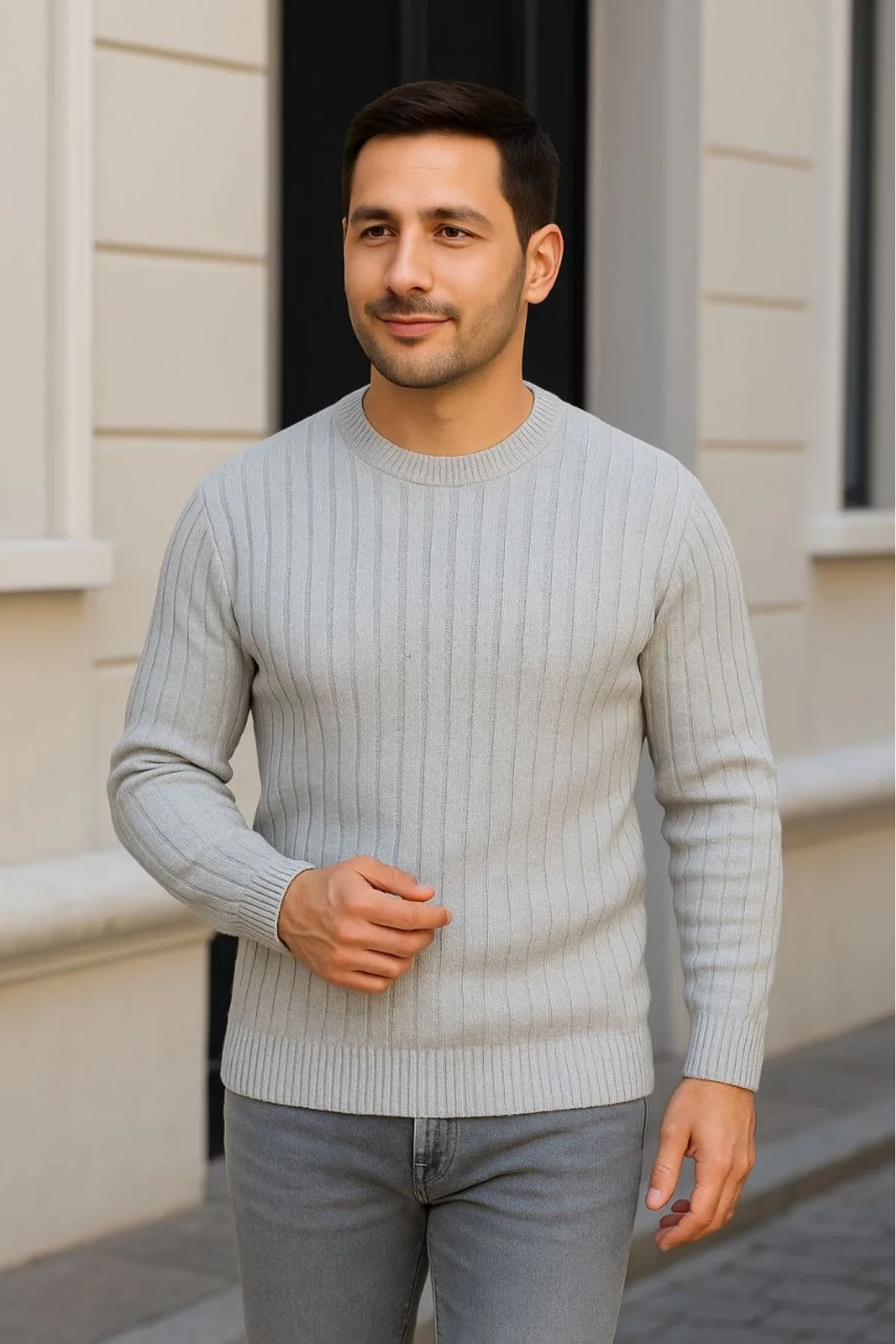 Erkek Fitilli Triko Kazak 2’li Set – Siyah & Gri, Kalın Dokuma Pamuklu Regular Fit Bisiklet Yaka Uzun Kollu Rahat Kışlık Kazak Kombini