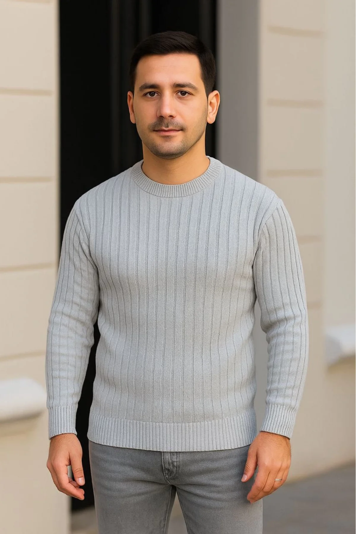 Erkek Fitilli Triko Kazak 2’li Set – Siyah & Gri, Kalın Dokuma Pamuklu Regular Fit Bisiklet Yaka Uzun Kollu Rahat Kışlık Kazak Kombini