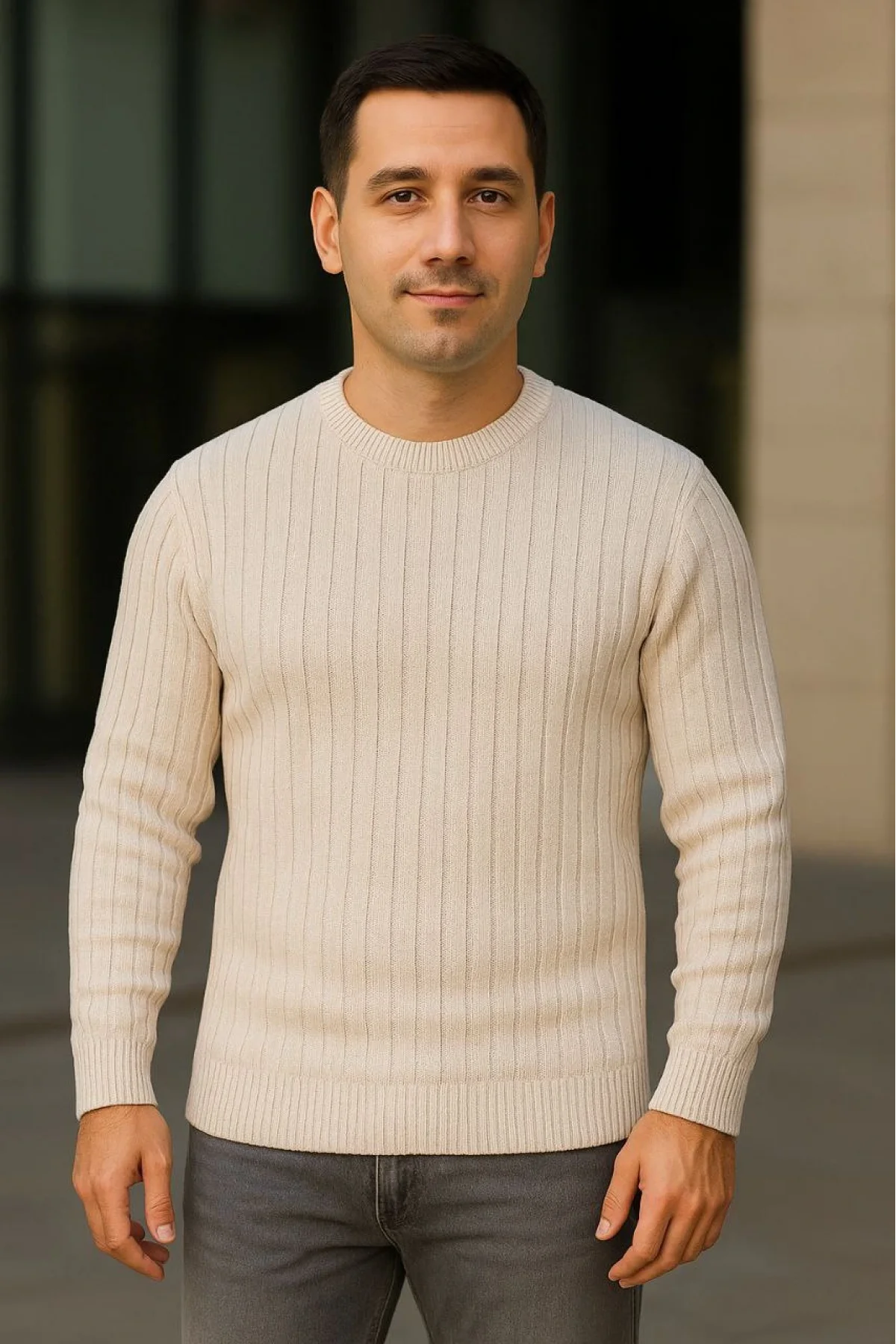 Erkek Fitilli Triko Kazak 3lü Set Bej Gri Siyah Regular Fit Bisiklet Yaka Triko Seti Kazak Modeli