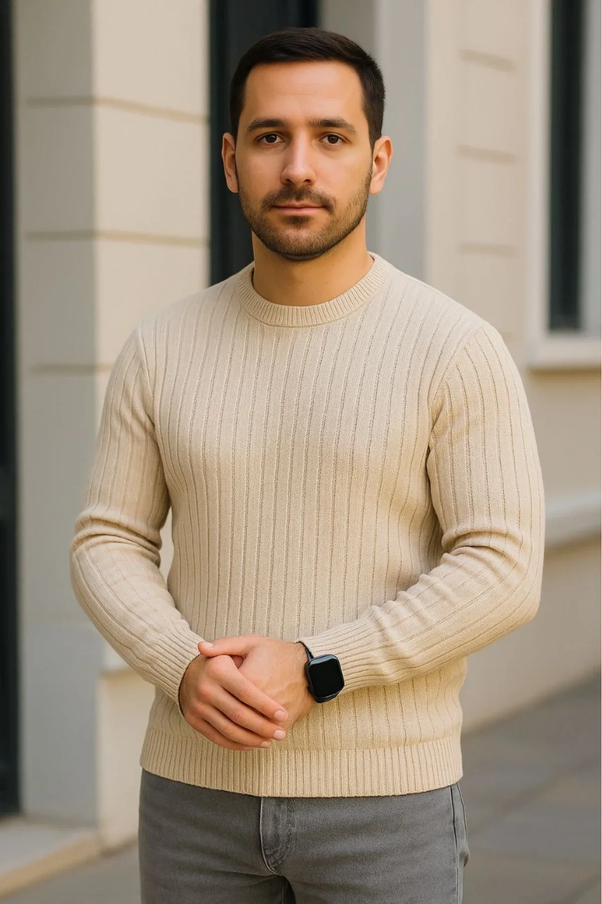 Erkek Fitilli Triko Kazak 3lü Set Bej Gri Siyah Regular Fit Bisiklet Yaka Triko Seti Kazak Modeli