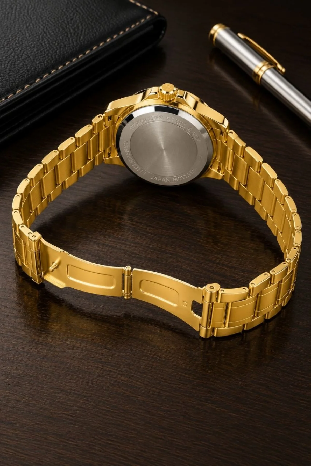 Erkek Gold Renk Metal Kordon Analog Kol Saati Beyaz Kadran Takvim Göstergeli