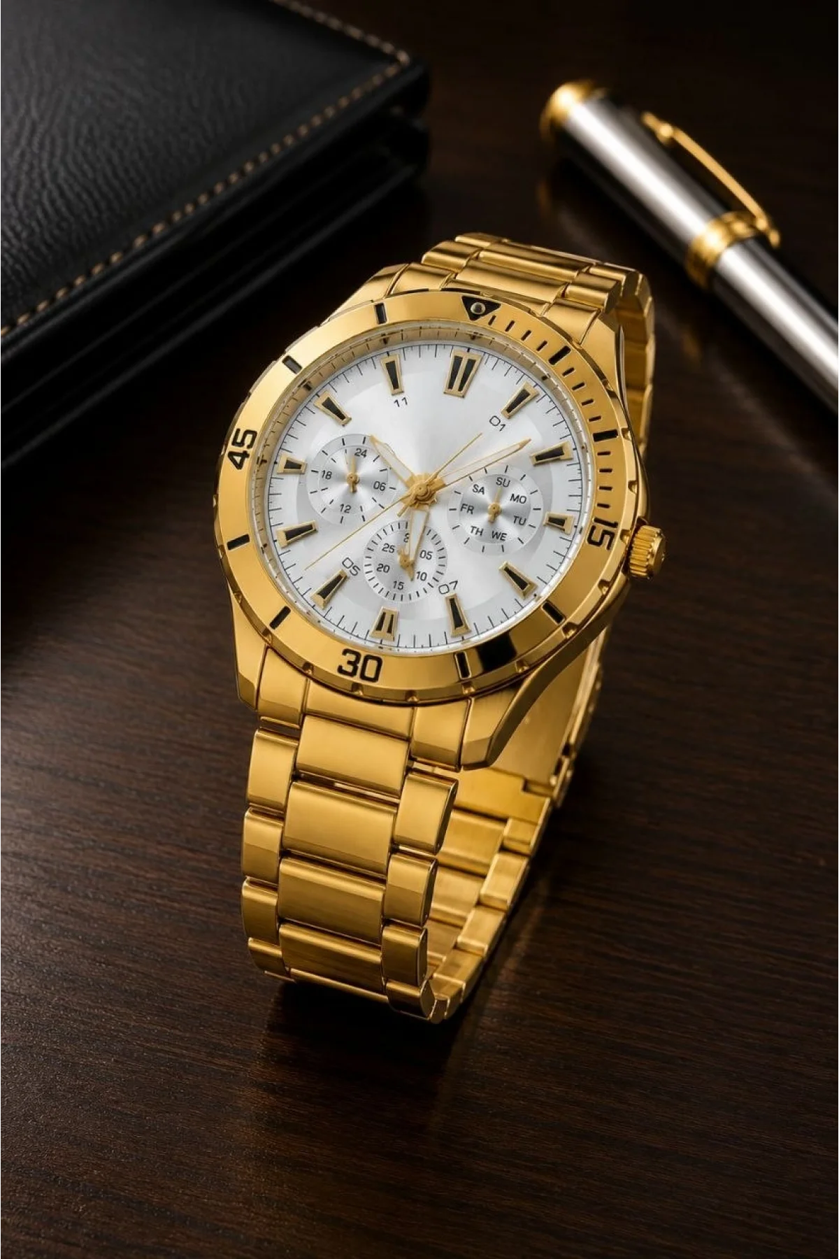 Erkek Gold Renk Metal Kordon Analog Kol Saati Beyaz Kadran Takvim Göstergeli