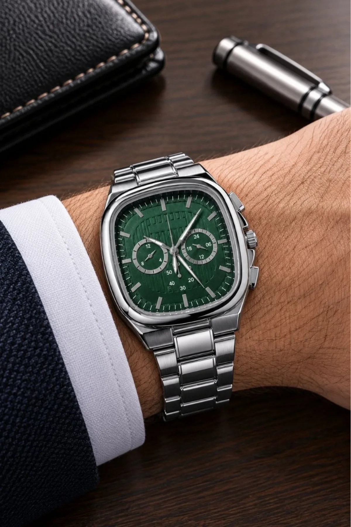 Erkek Gümüş Metal Kordon Analog Kol Saati Yeşil Kadran Takvim Göstergeli - Gümüş