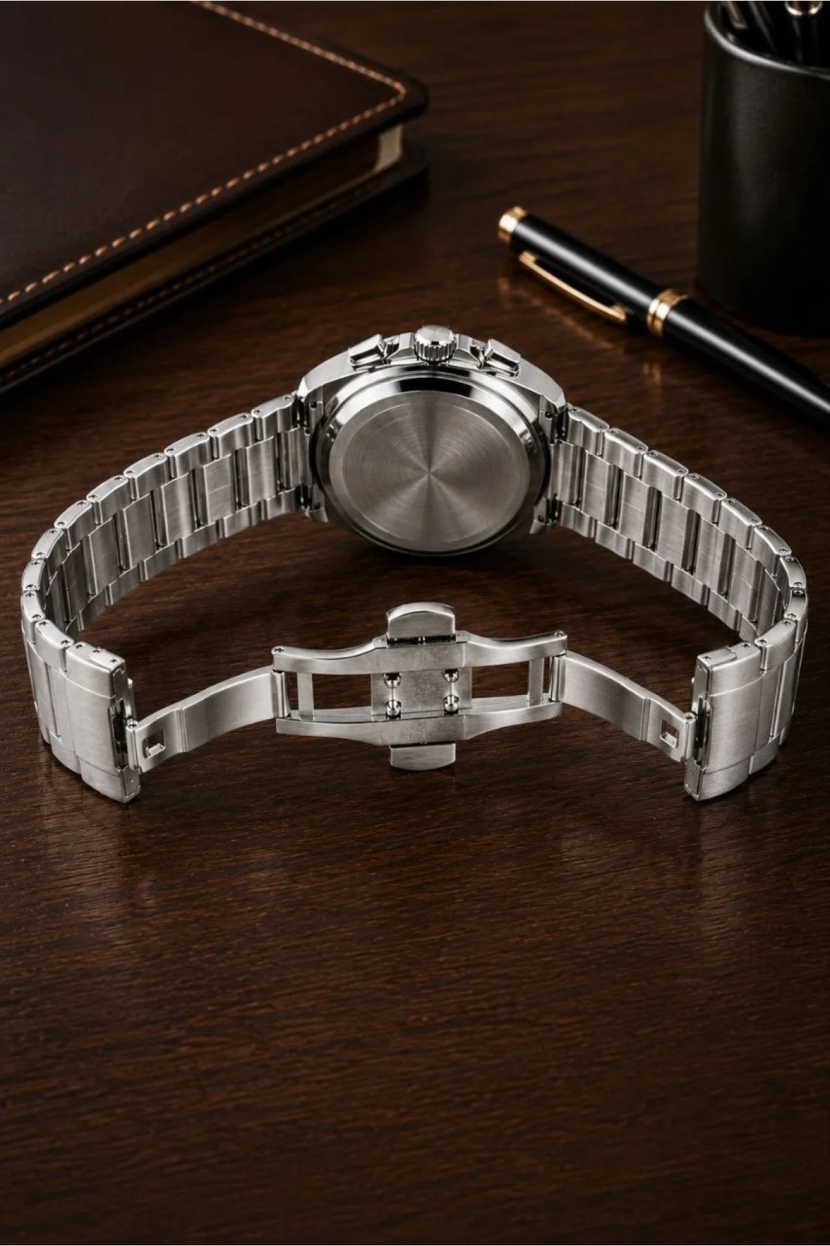 Erkek Gümüş Renk Metal Kordon Analog Kol Saati Siyah Kadran Takvim Göstergeli - Gümüş