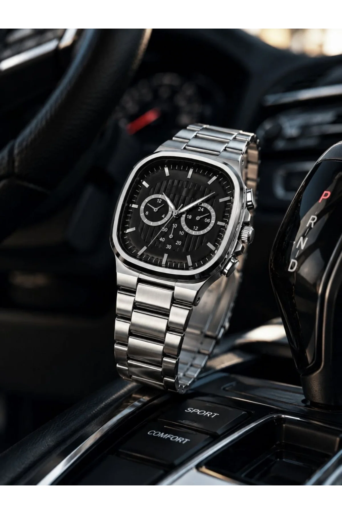 Erkek Gümüş Renk Metal Kordon Analog Kol Saati Siyah Kadran Takvim Göstergeli - Gümüş