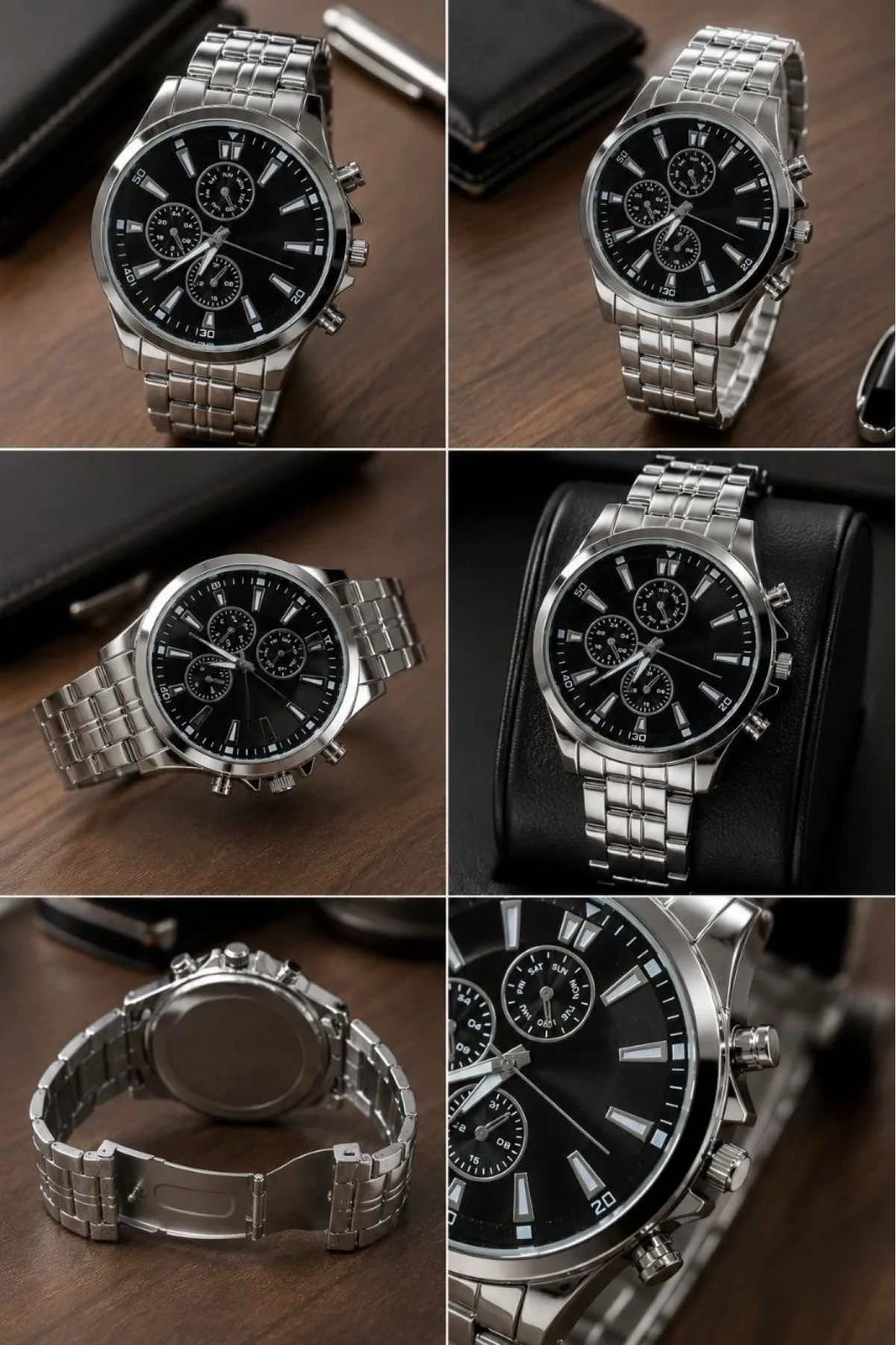 Erkek Gümüş Renk Metal Kordon Analog Kol Saati Takvim Göstergeli Siyah Kadran - Gümüş